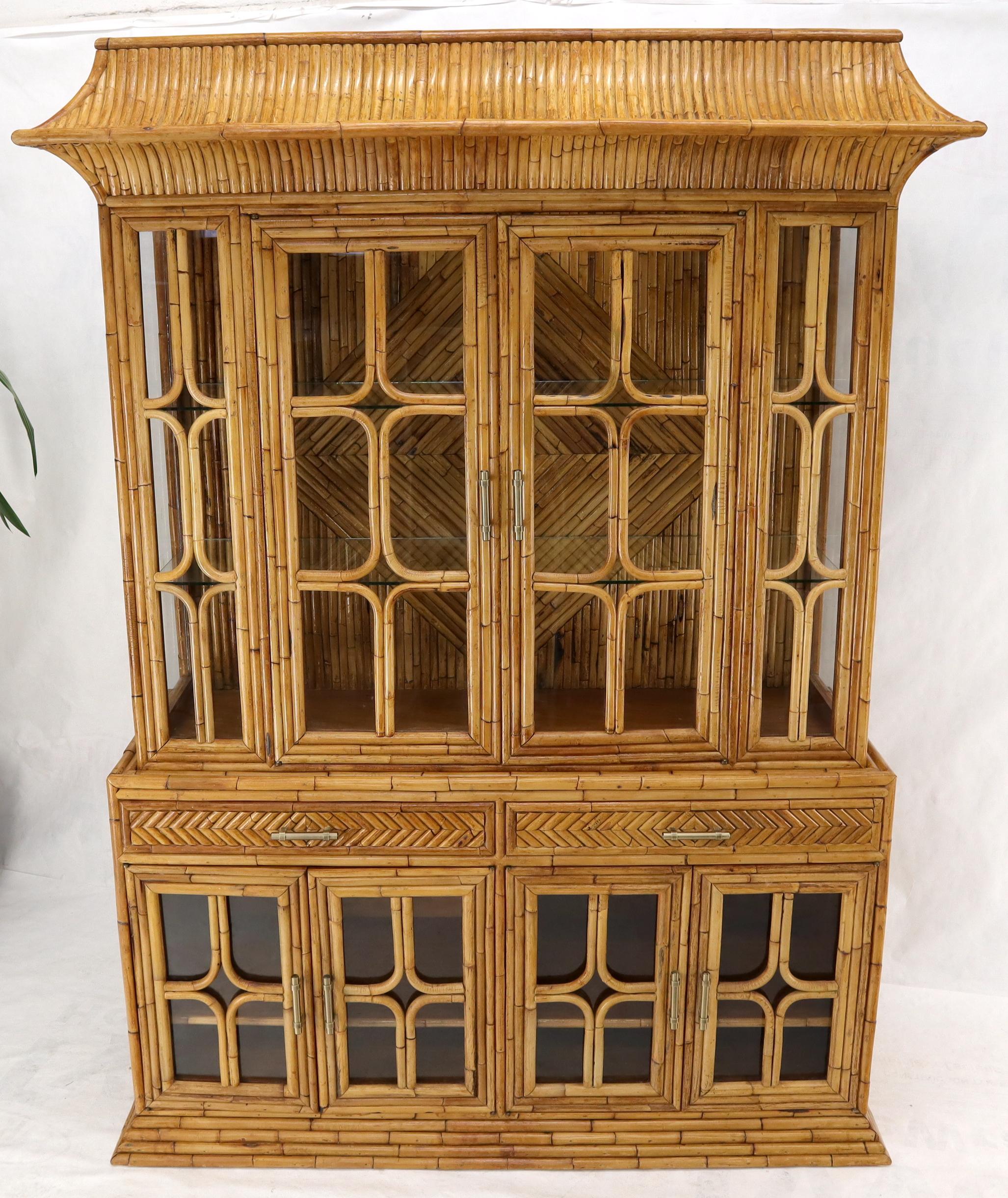 Mid-Century Modern Oriental Asian Style Bamboo Rattan Hutch Buffet Display Cabinet Curio Sideboard For Sale