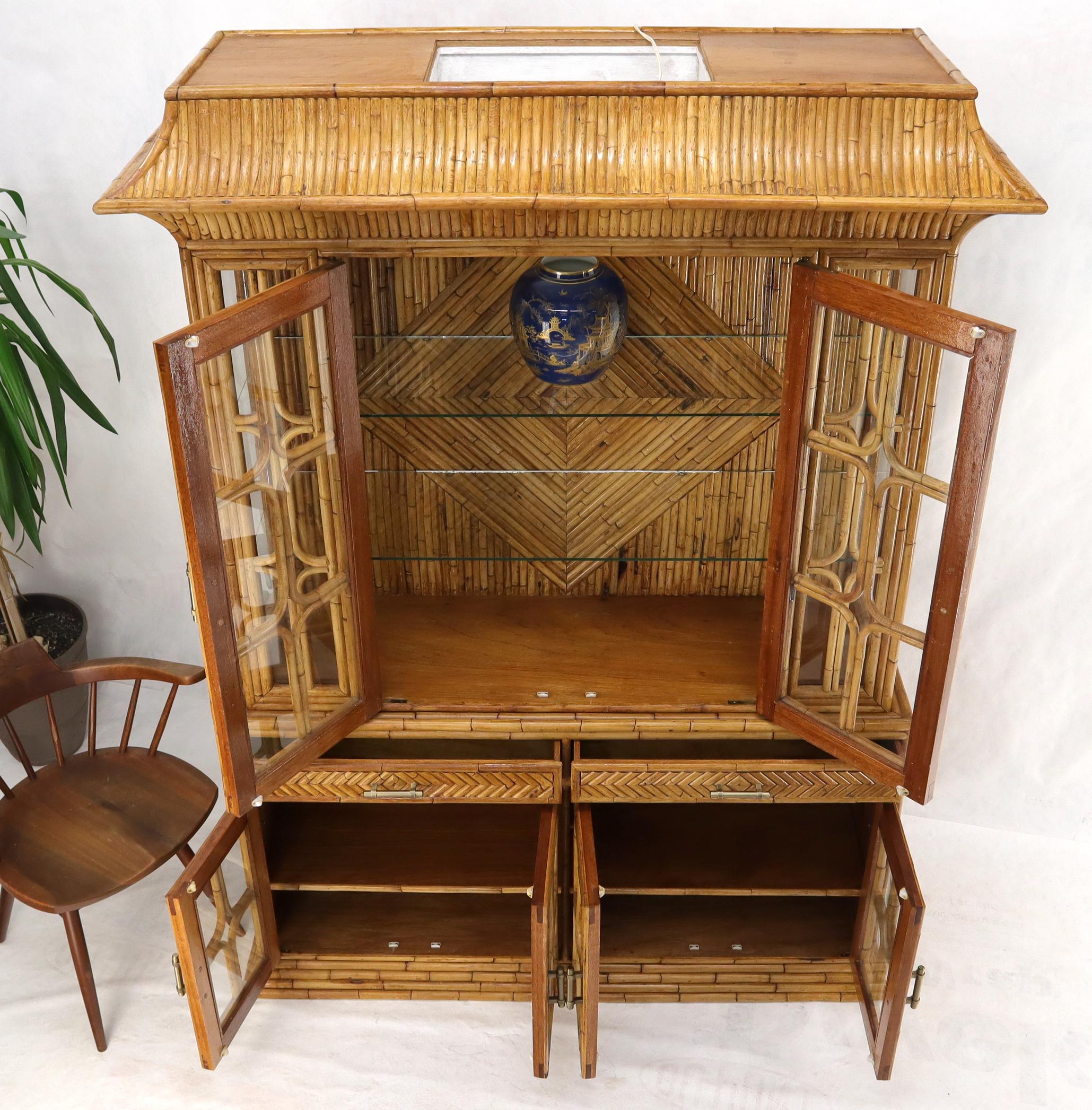 Lacquered Oriental Asian Style Bamboo Rattan Hutch Buffet Display Cabinet Curio Sideboard For Sale