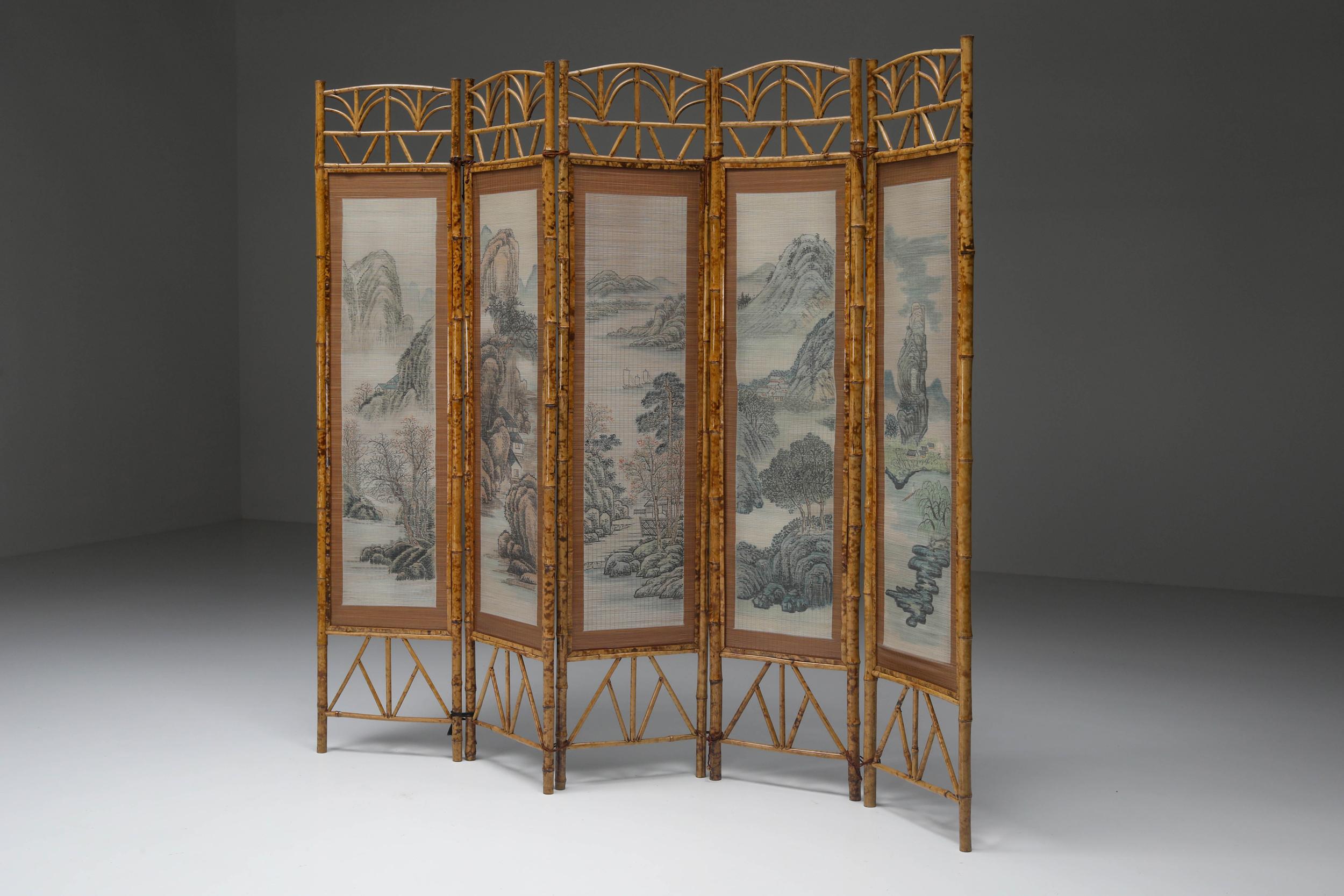 Oriental; Bamboo; Fabric; Room Divider; Boho chic; Mid-century modern, 1960's; 

Mid-Century Modern tall three wall-panel bamboo wood room divider, screen, or partition. 
Bamboo in combination with an oriental landscape on fabric. Boho chic very