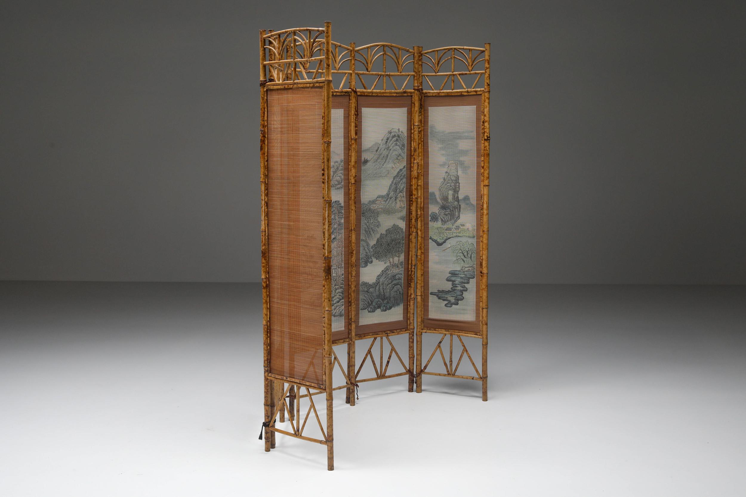 East Asian Oriental Bamboo & Fabric Room Divider, Mid-Century Modern, 1960's