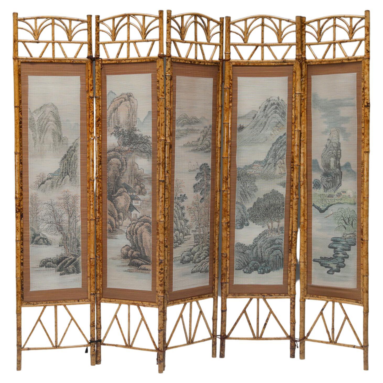 Oriental Bamboo & Fabric Room Divider, Mid-Century Modern, 1960's