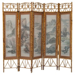Oriental Bamboo & Fabric Room Divider, Mid-Century Modern, 1960's