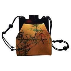 Bird and Bamboo Print Watered Gauze Silk Clutch Sling Bag