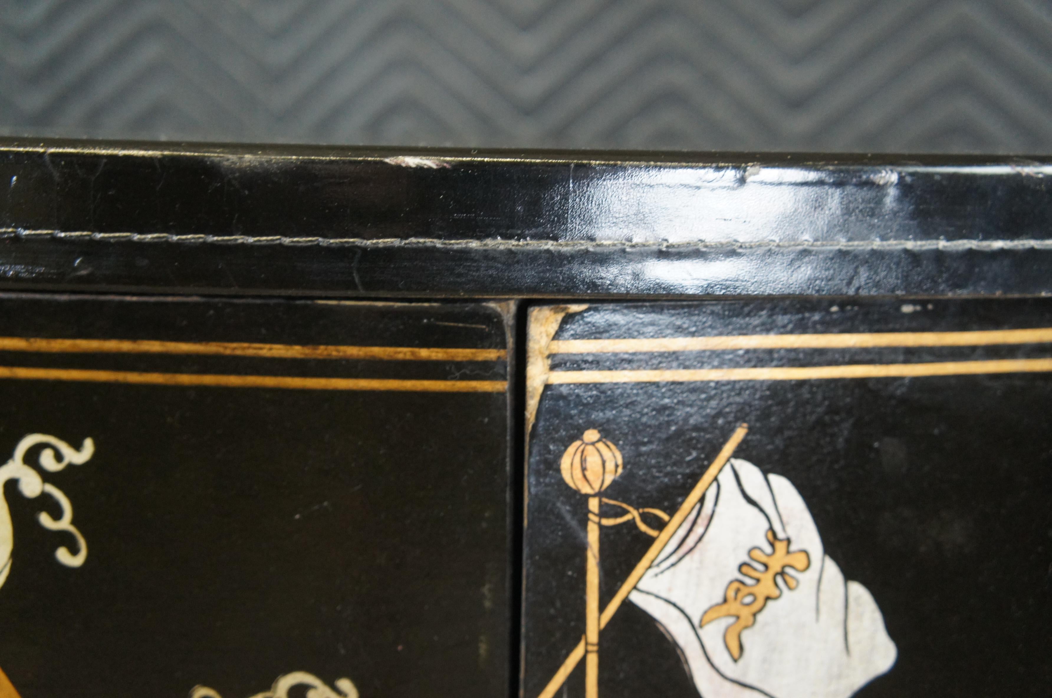 Oriental Black Lacquer Elm Demilune Glass Top Console Table Credenza Cabinet 5
