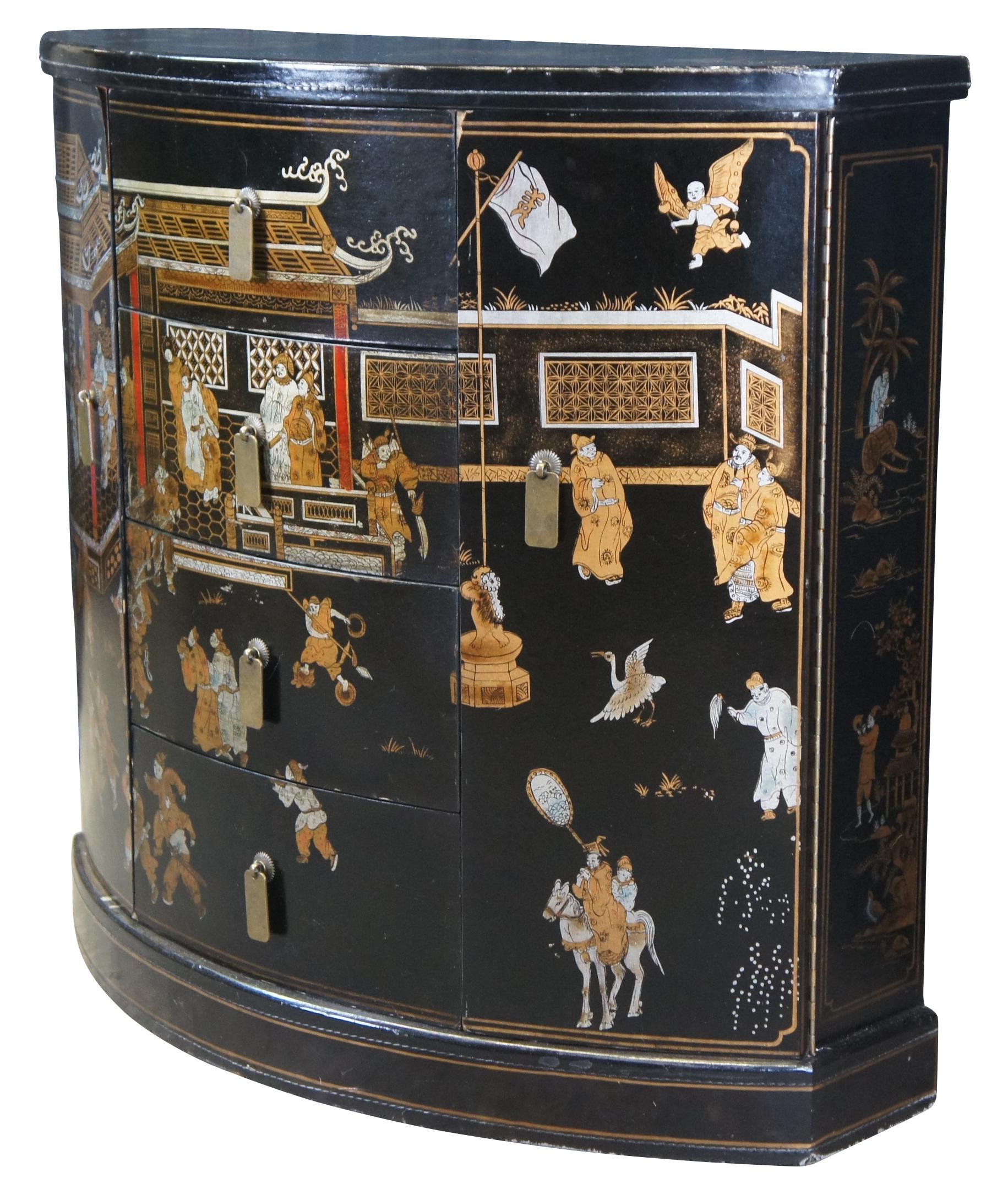 A quaint Oriental bow-front black lacquer console table. Made from elm wood with hand stitched faux leather trim on the edges. It has been decorated with a beautiful hand-painted chinoiserie village scene and a traditional lacquer finish. The drawer