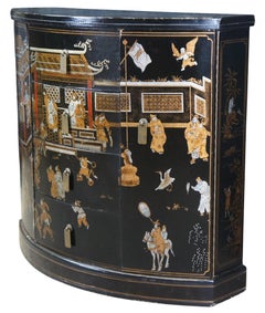 Oriental Black Lacquer Elm Demilune Glass Top Console Table Credenza Cabinet
