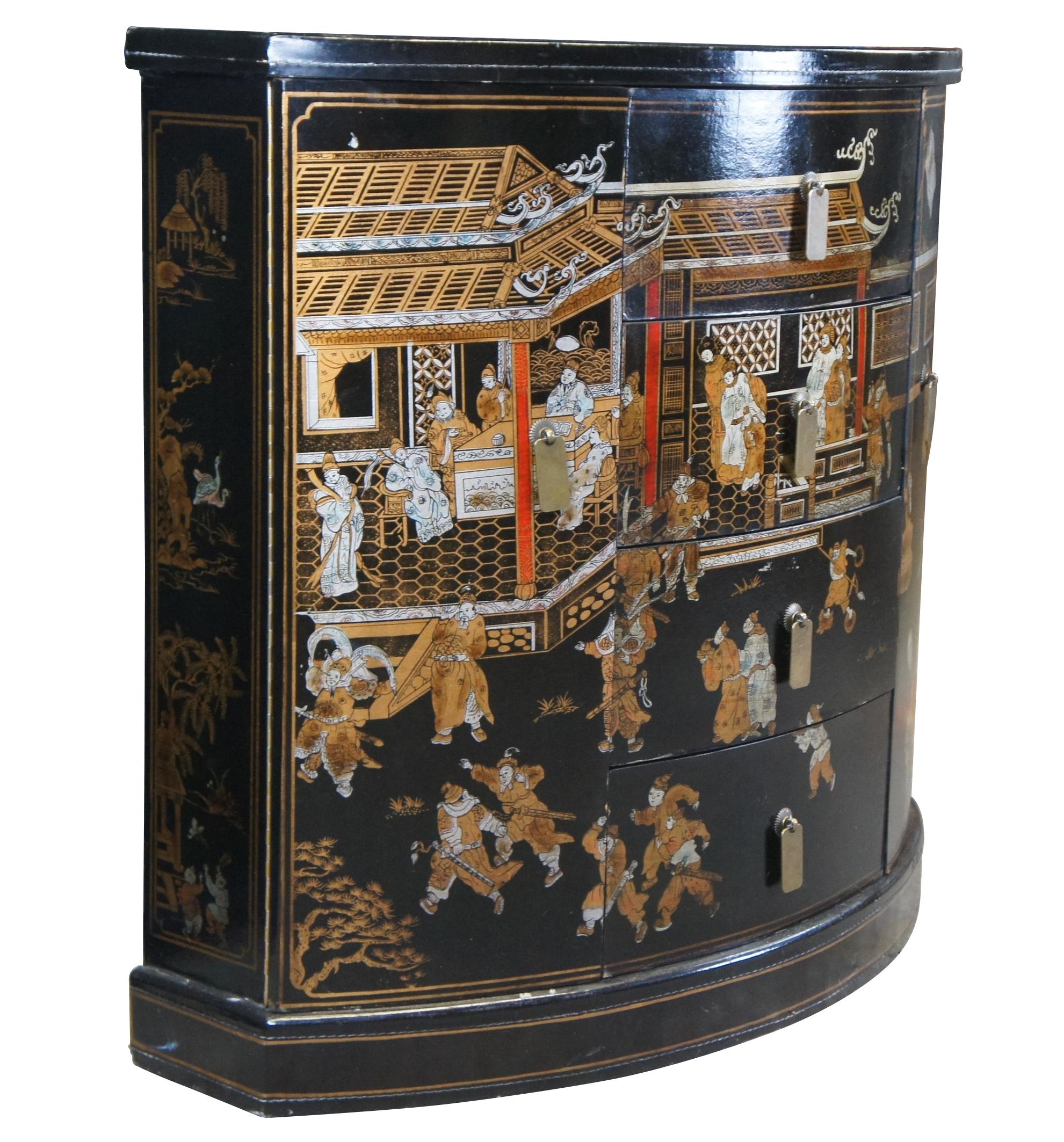 Chinoiserie Oriental Black Lacquer Elm Demilune Glass Top Console Table Credenza Cabinet