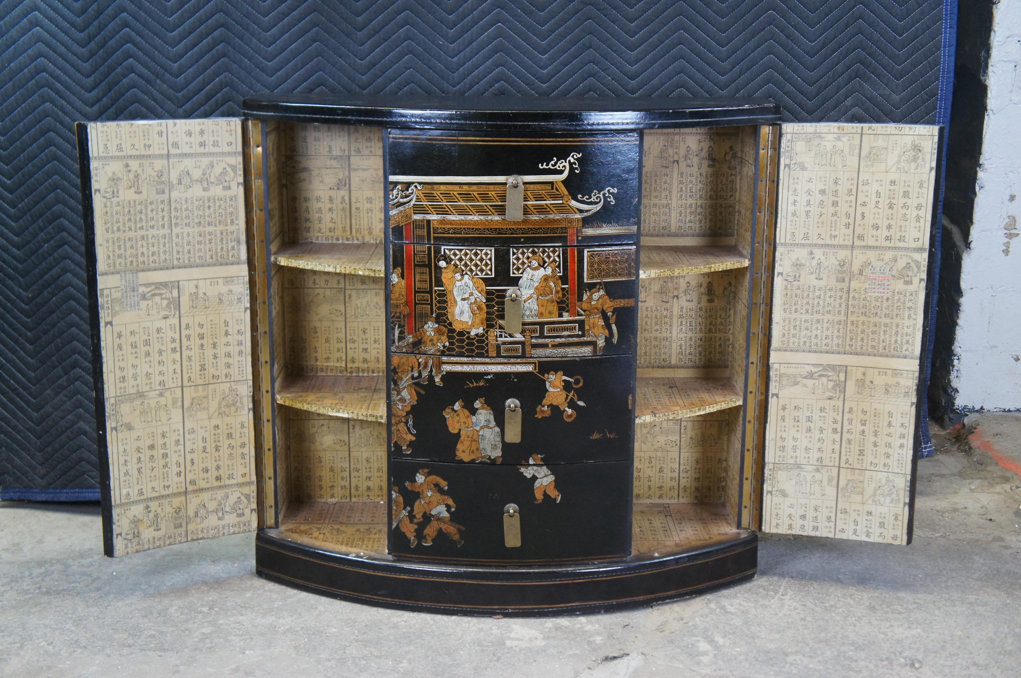 20th Century Oriental Black Lacquer Elm Demilune Glass Top Console Table Credenza Cabinet