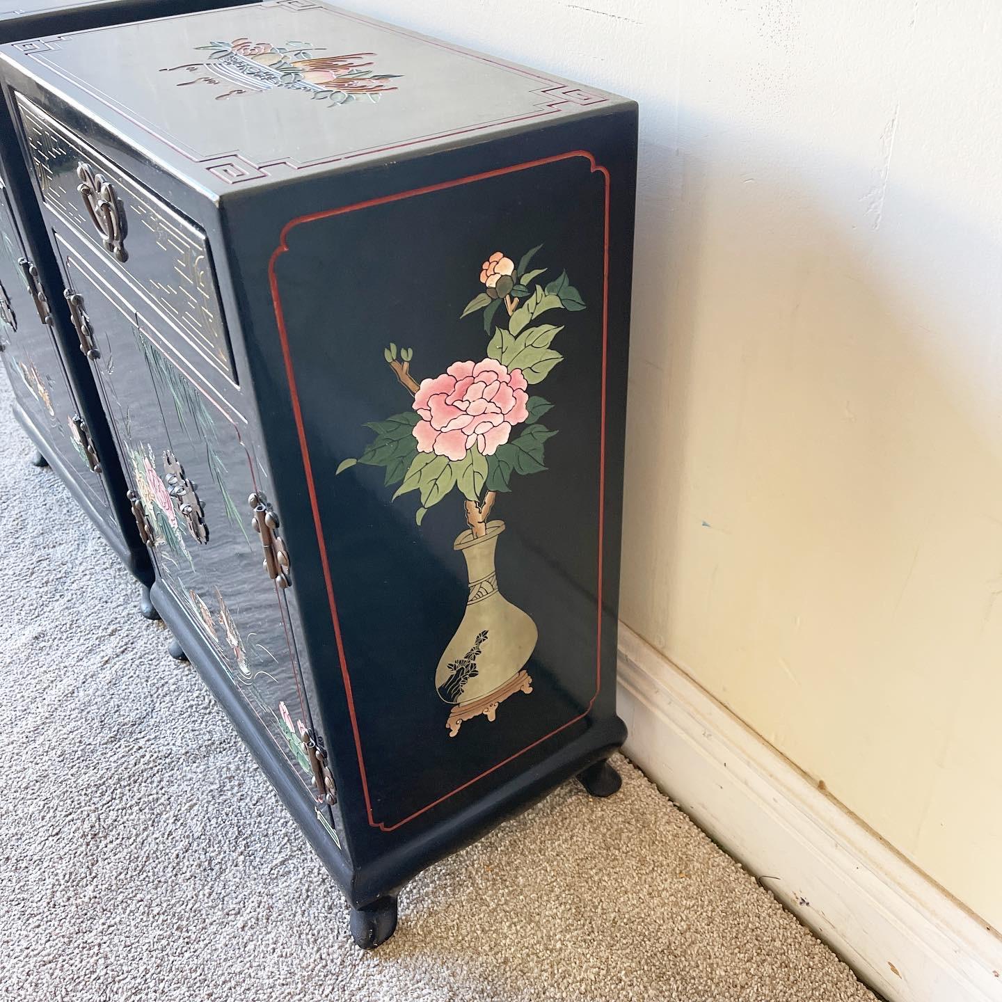 Oriental Black Lacquered and Hand Painted Shoe Cabinets/Side Tables, a Pair 3