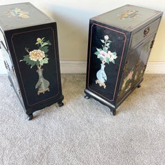 Oriental Black Lacquered and Hand Painted Shoe Cabinets/Side Tables, a Pair