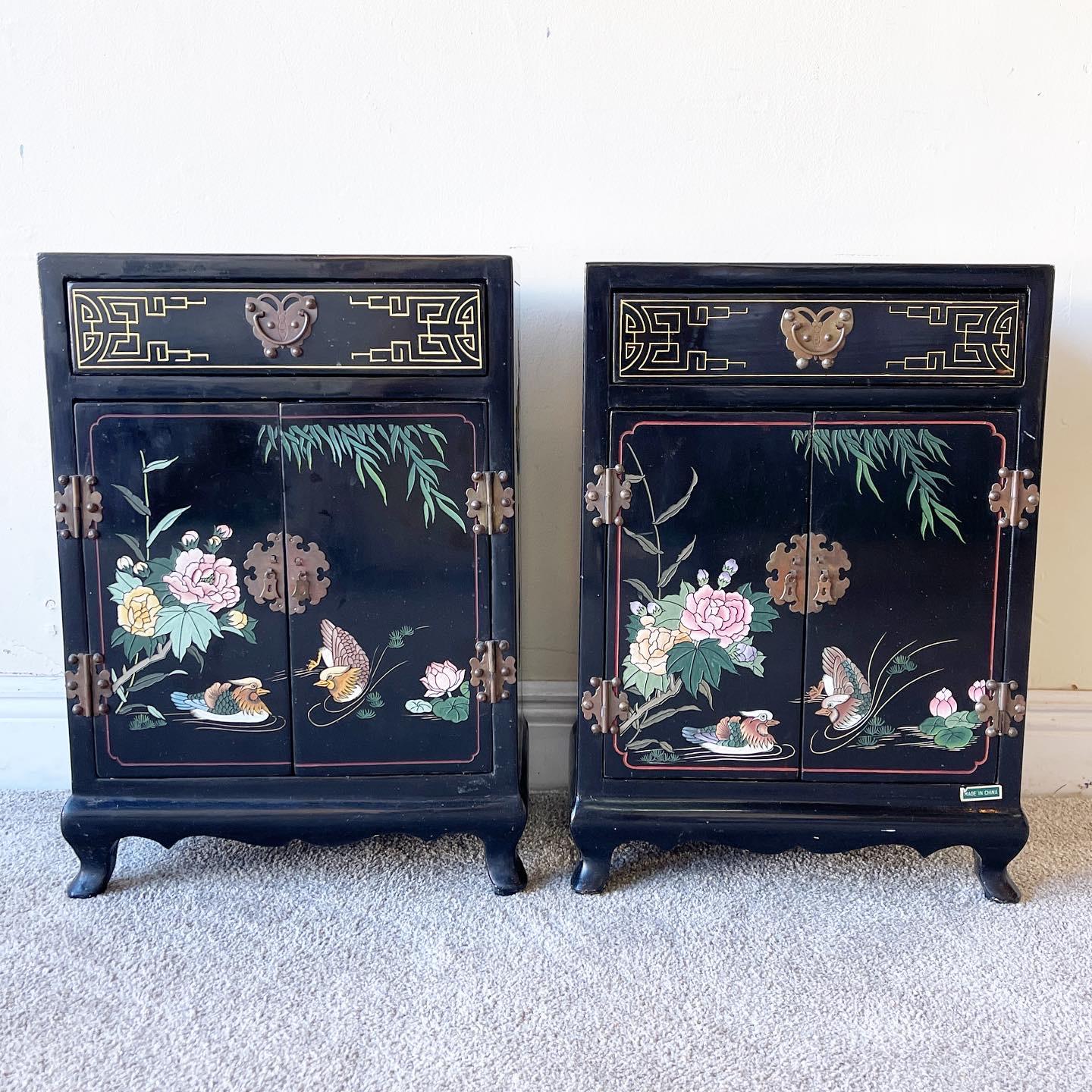 Chinese Oriental Black Lacquered and Hand Painted Shoe Cabinets/Side Tables, a Pair