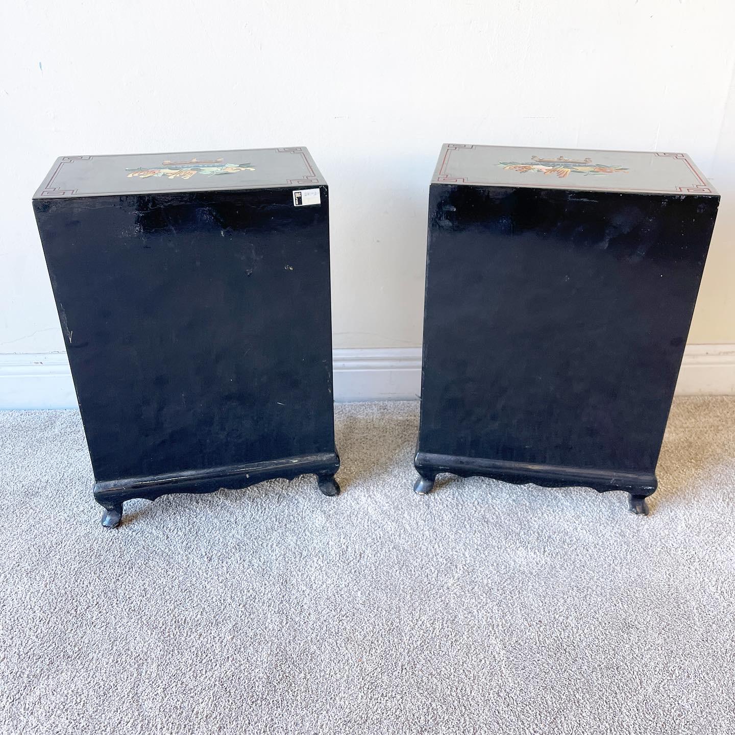 Oriental Black Lacquered and Hand Painted Shoe Cabinets/Side Tables, a Pair In Good Condition In Delray Beach, FL