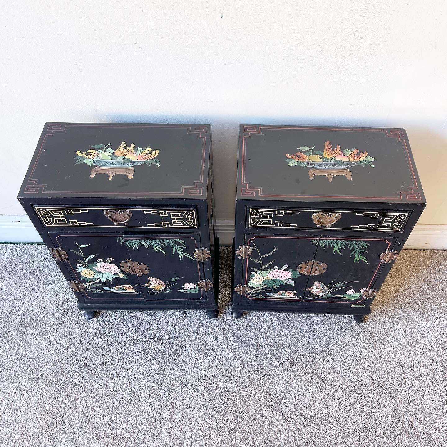 Late 20th Century Oriental Black Lacquered and Hand Painted Shoe Cabinets/Side Tables, a Pair