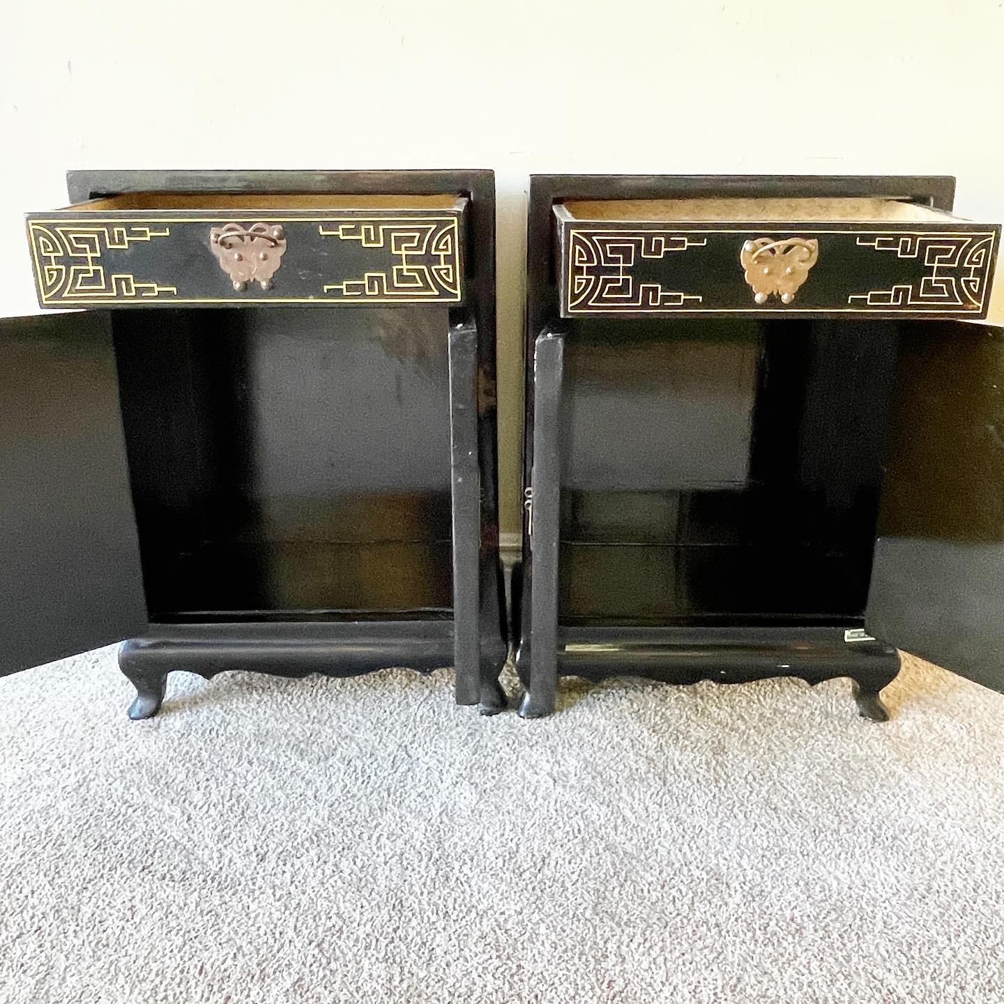 Wood Oriental Black Lacquered and Hand Painted Shoe Cabinets/Side Tables, a Pair