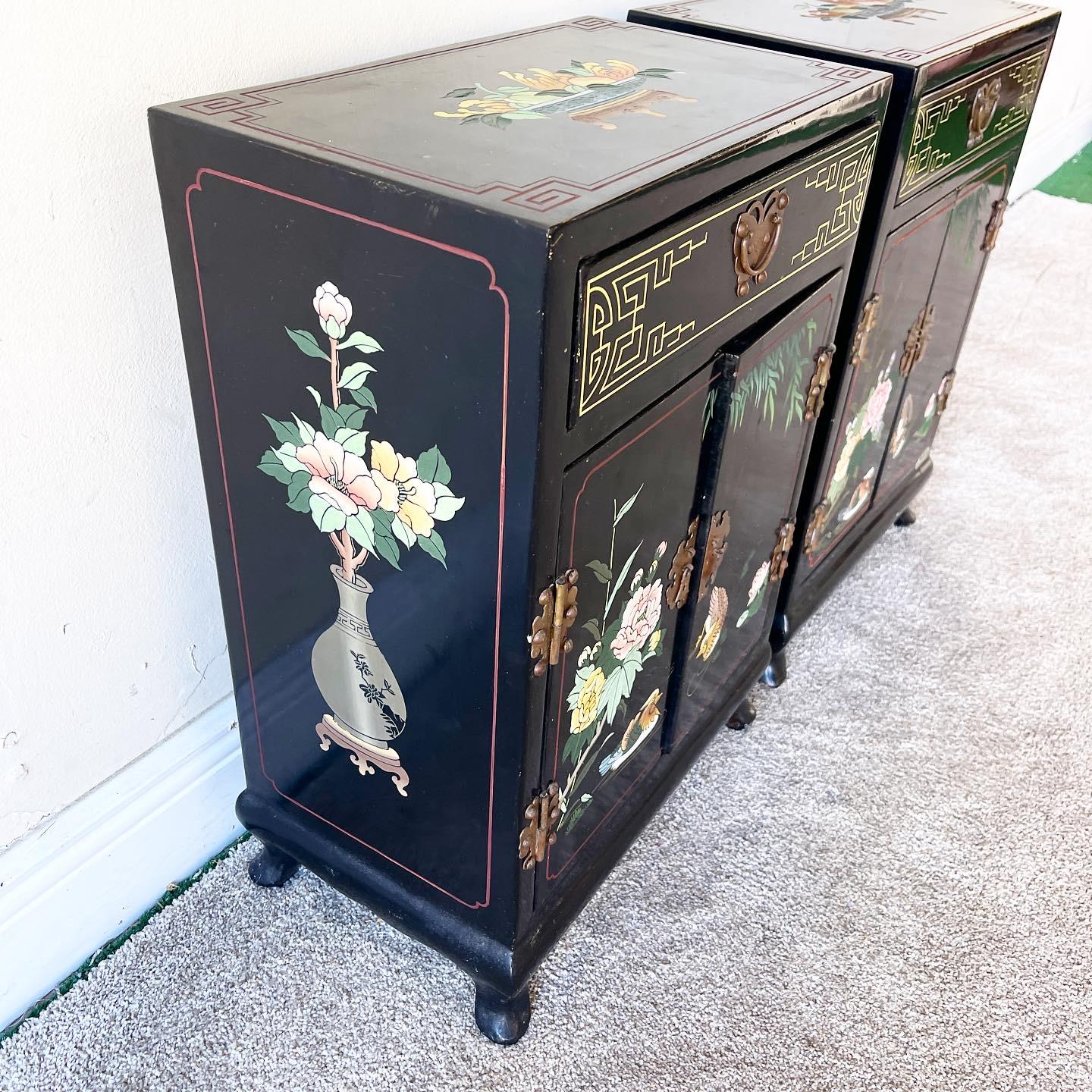 Oriental Black Lacquered and Hand Painted Shoe Cabinets/Side Tables, a Pair 1