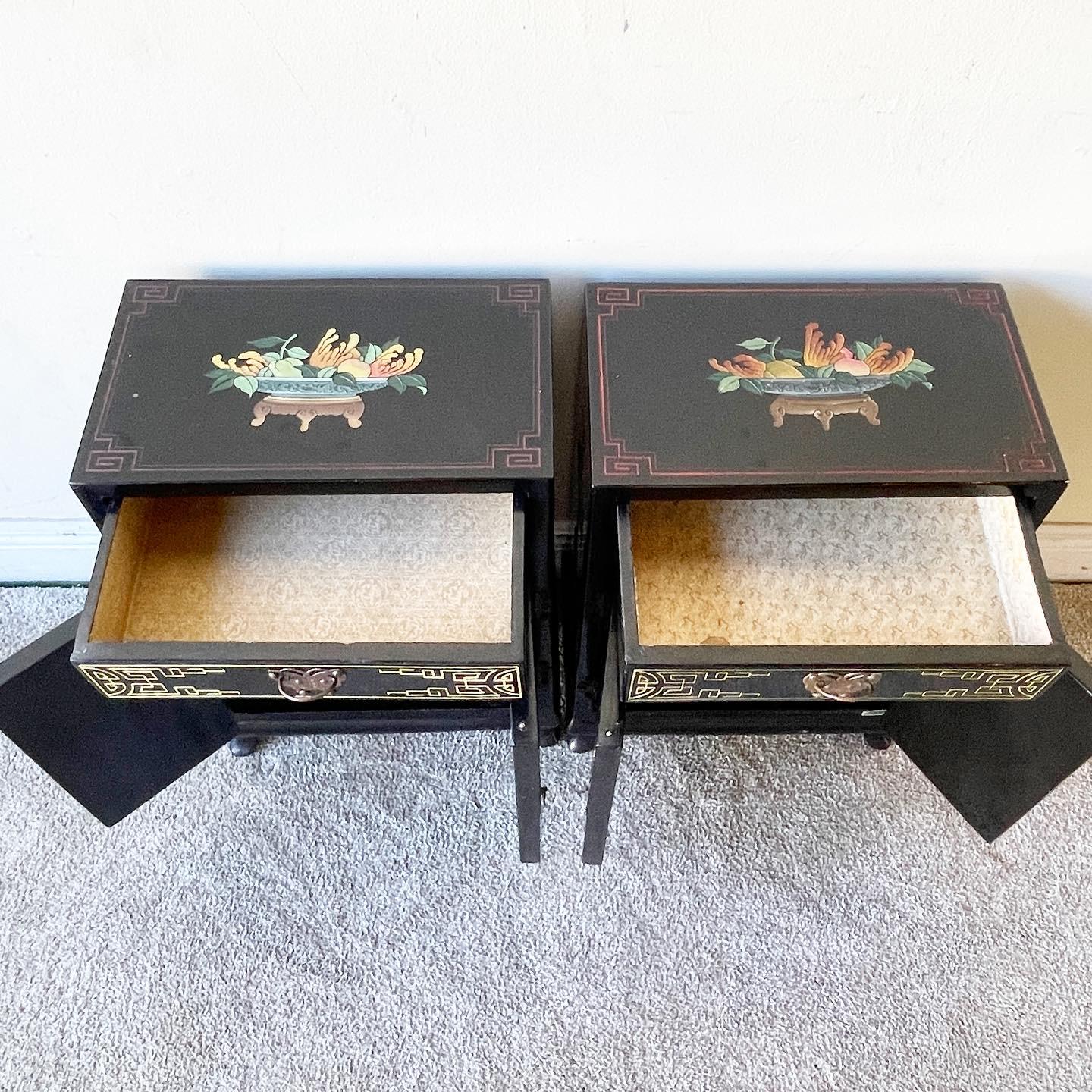 Oriental Black Lacquered and Hand Painted Shoe Cabinets/Side Tables, a Pair 2