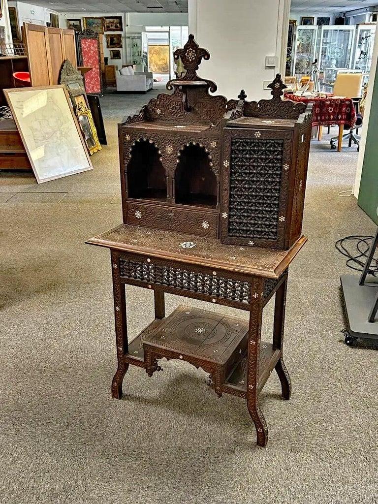 Islamic Oriental “Bonheur du jour” in carved wood, bone inlays, “Moucharabiehs” For Sale