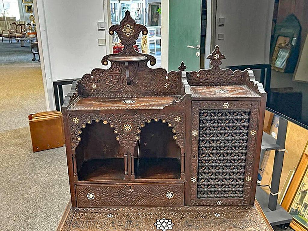 Beech Oriental “Bonheur du jour” in carved wood, bone inlays, “Moucharabiehs” For Sale