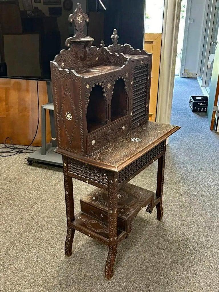 Oriental “Bonheur du jour” in carved wood, bone inlays, “Moucharabiehs” For Sale 1
