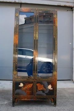 Oriental Bookcase Vetrine with Lotus Flower and Birds in Lacquer, 1970, Asia