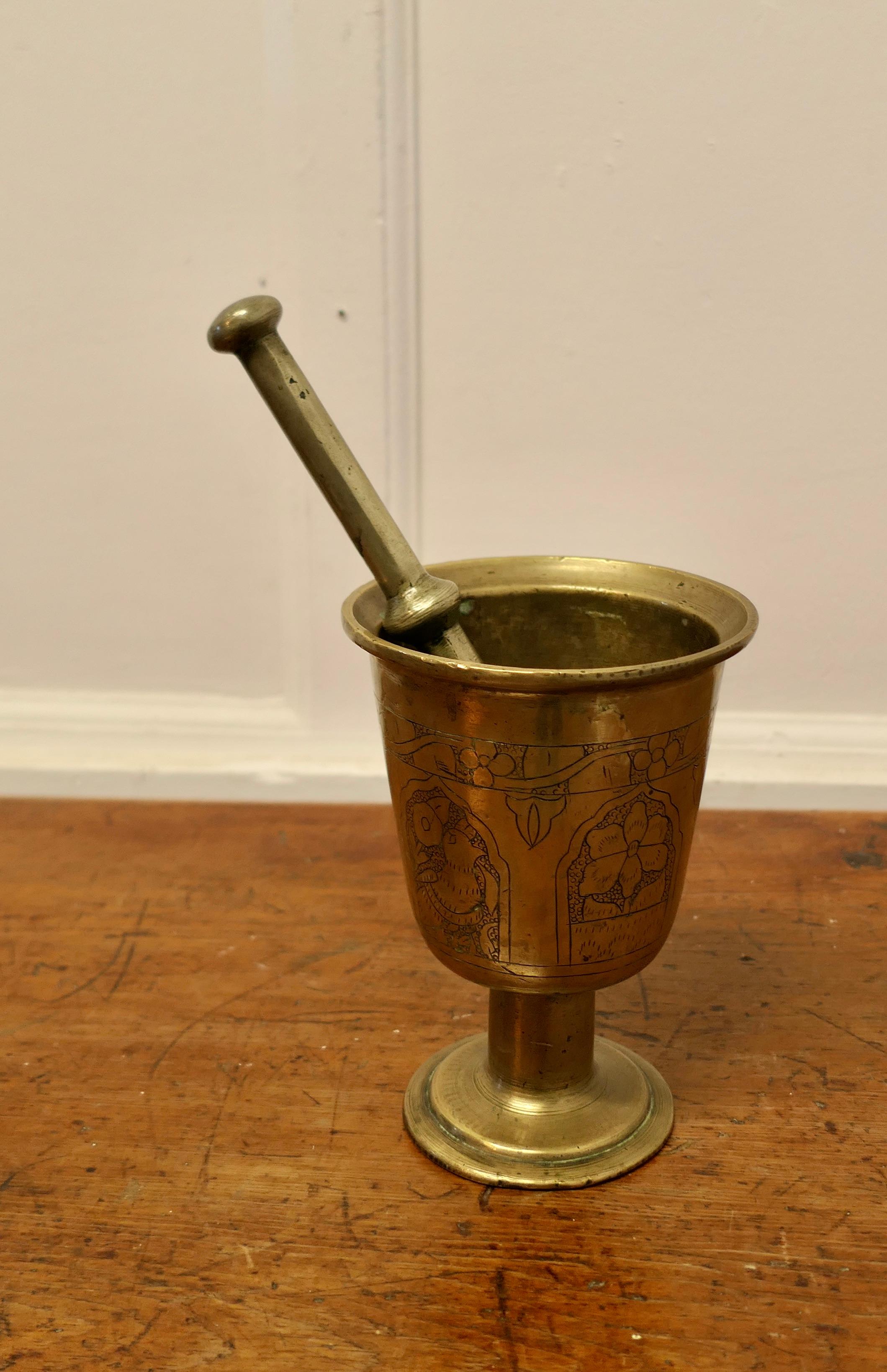 Chinoiserie Oriental Brass Pestle and Mortar     For Sale