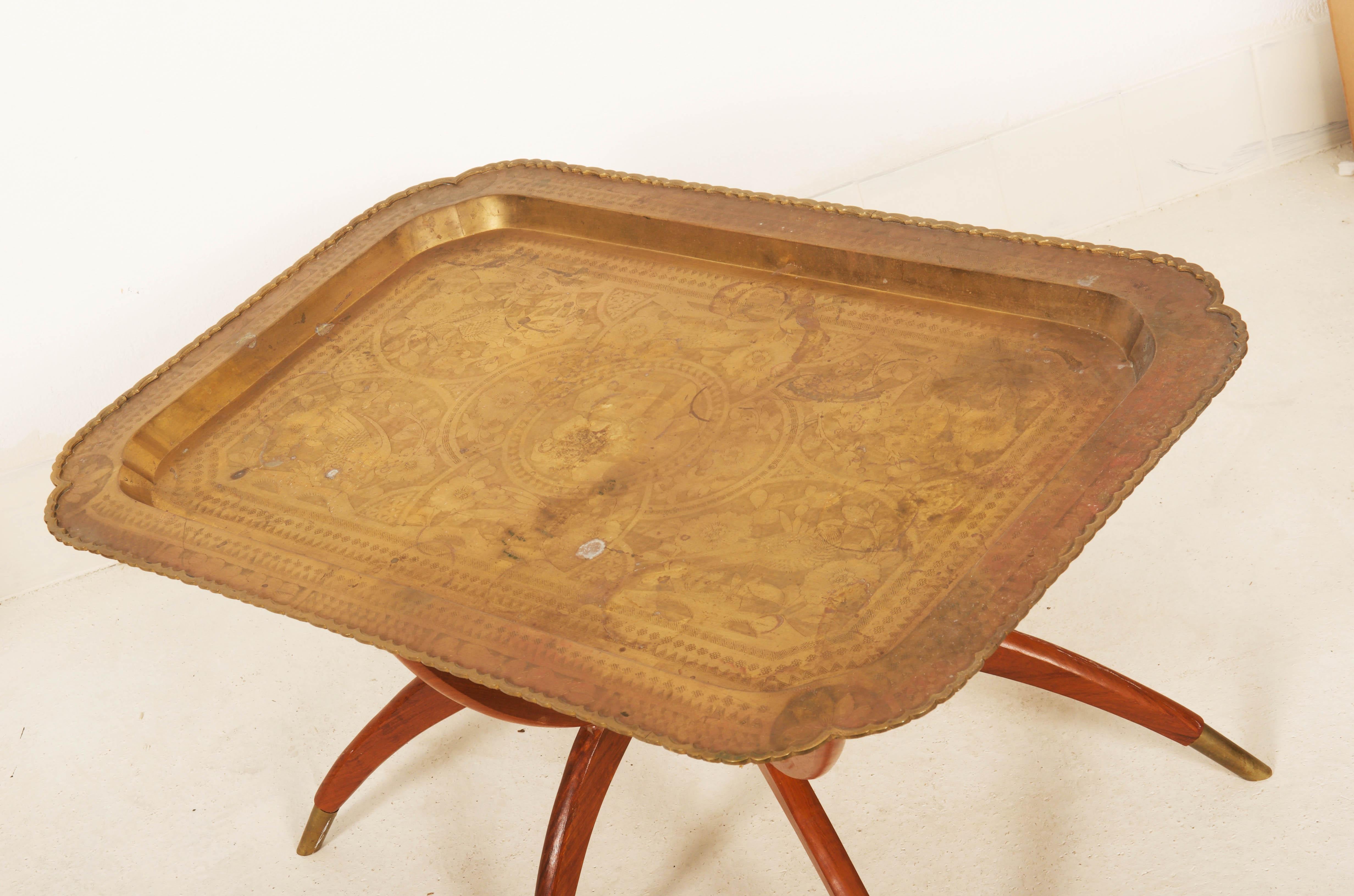 Oriental Brass Tray Charger on Teak Stand  In Good Condition For Sale In Vienna, AT