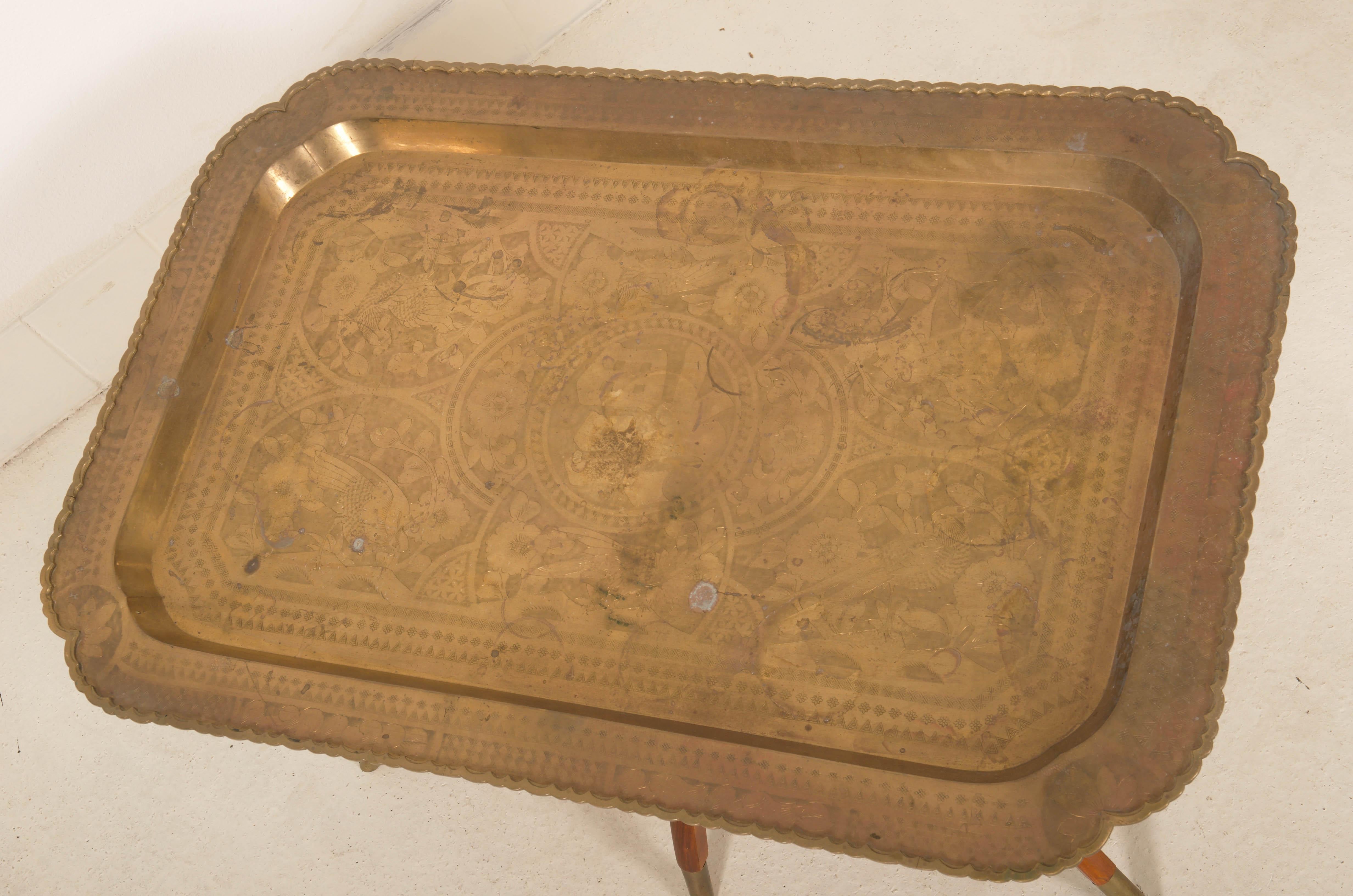 Mid-20th Century Oriental Brass Tray Charger on Teak Stand  For Sale