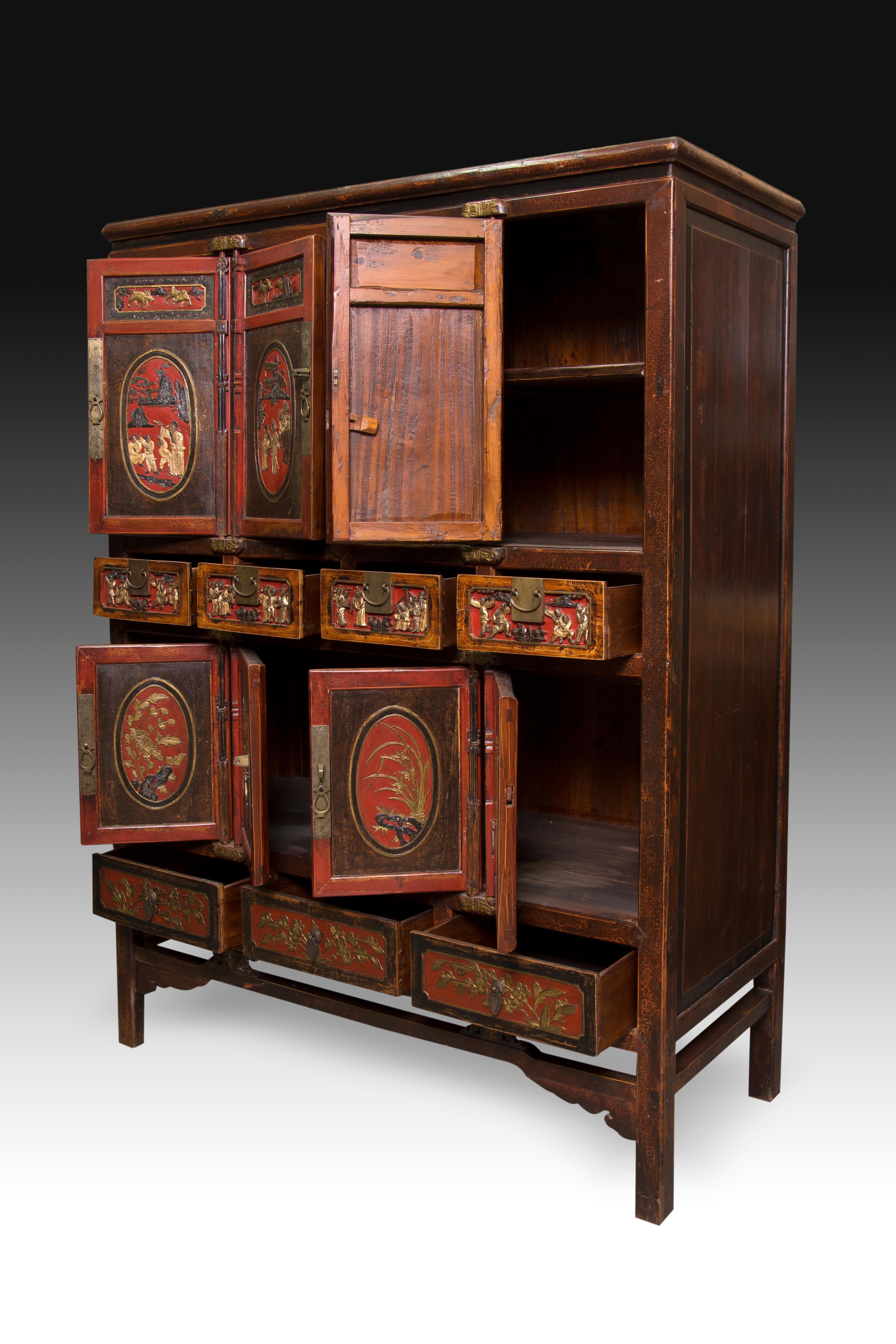 Asian Oriental Cabinet, Polychromed Wood and Metal, 19th-20th Century