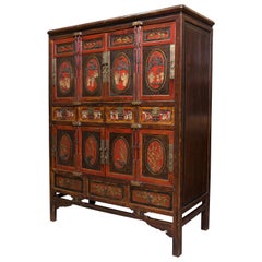 Antique Oriental Cabinet, Polychromed Wood and Metal, 19th-20th Century