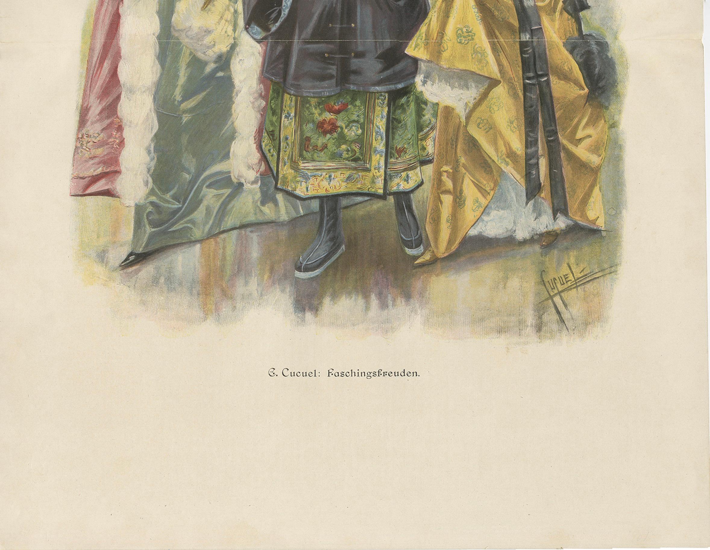 Carnival Costume Scene – “Faschingsfreuden” by Edward Cucuel, c. 1900

This lively and colorful chromolithograph titled Faschingsfreuden (Carnival Pleasures) captures a humorous and theatrical masquerade scene by American-born artist Edward Cucuel