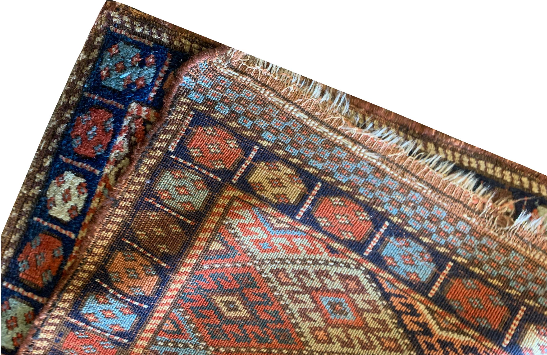 Hand-Woven Oriental Carpet Antique Rugs, Small Geometric Wool Azerbaijan Area Rug For Sale