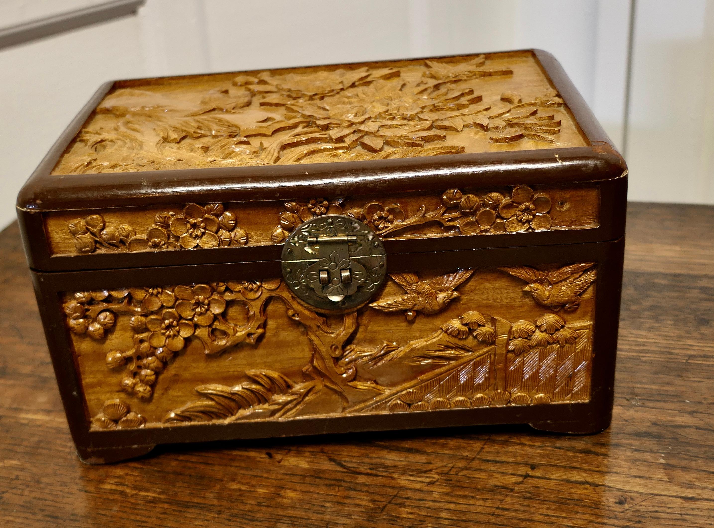 Oriental carved camphor wood chest

This Beautiful Carved Chest is made from Camphor Wood, for those of you who do not know camphor wood it is a hard wood which lends itself very well to carving and it has an excellent fragrance.

The box is