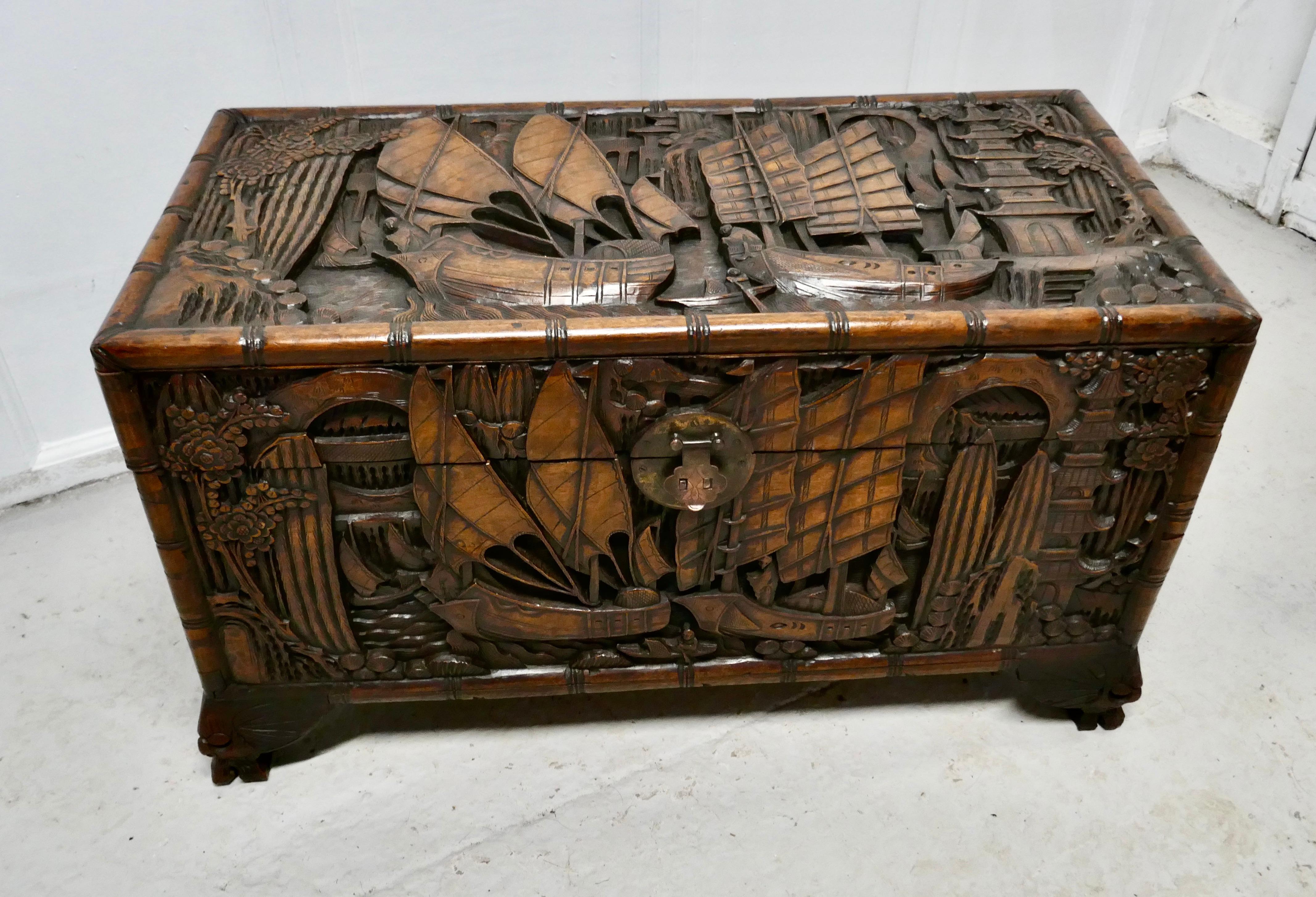 Chinoiserie Oriental Carved Camphor Wood Chest