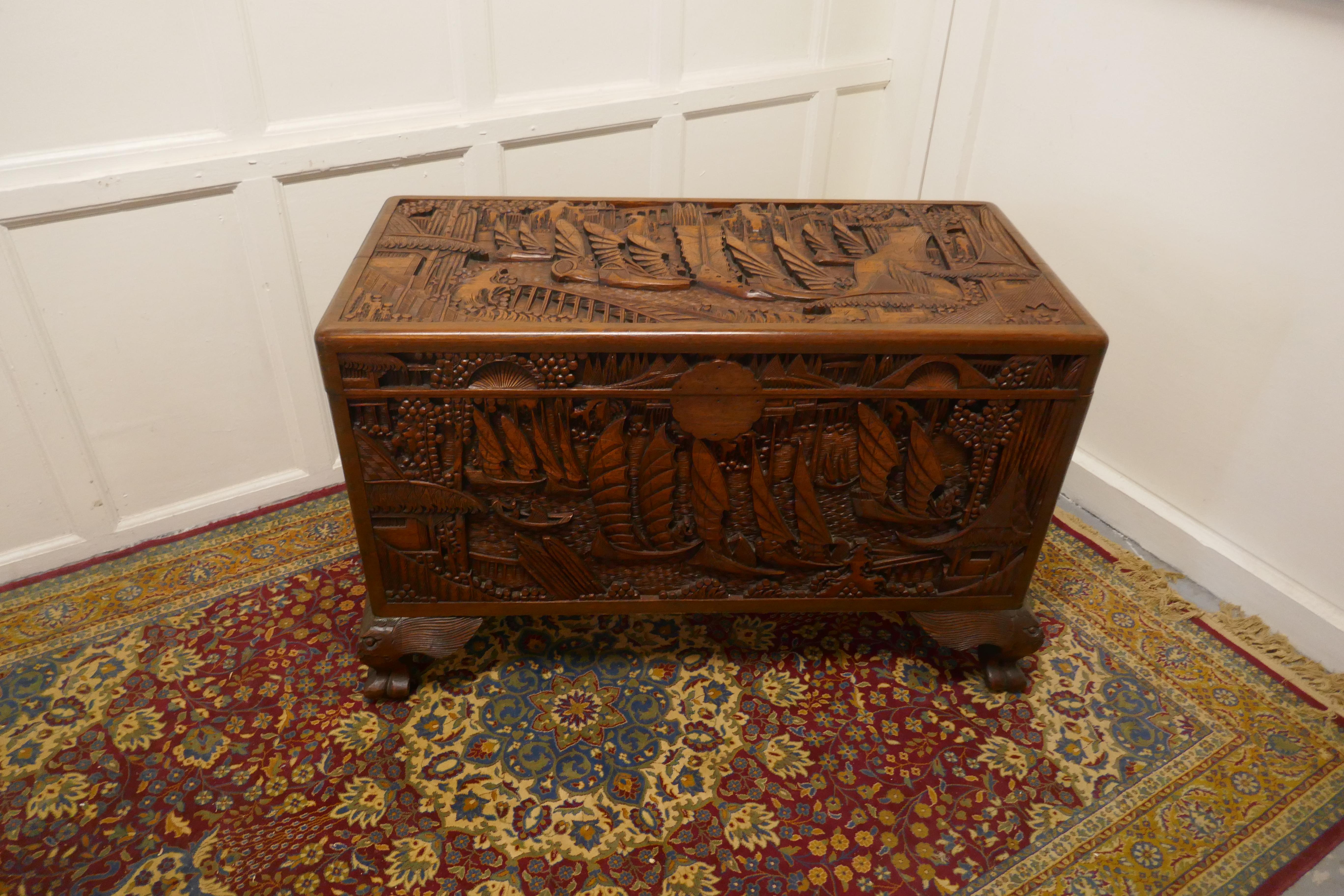 Beaux Arts Oriental Carved Camphor Wood Chest