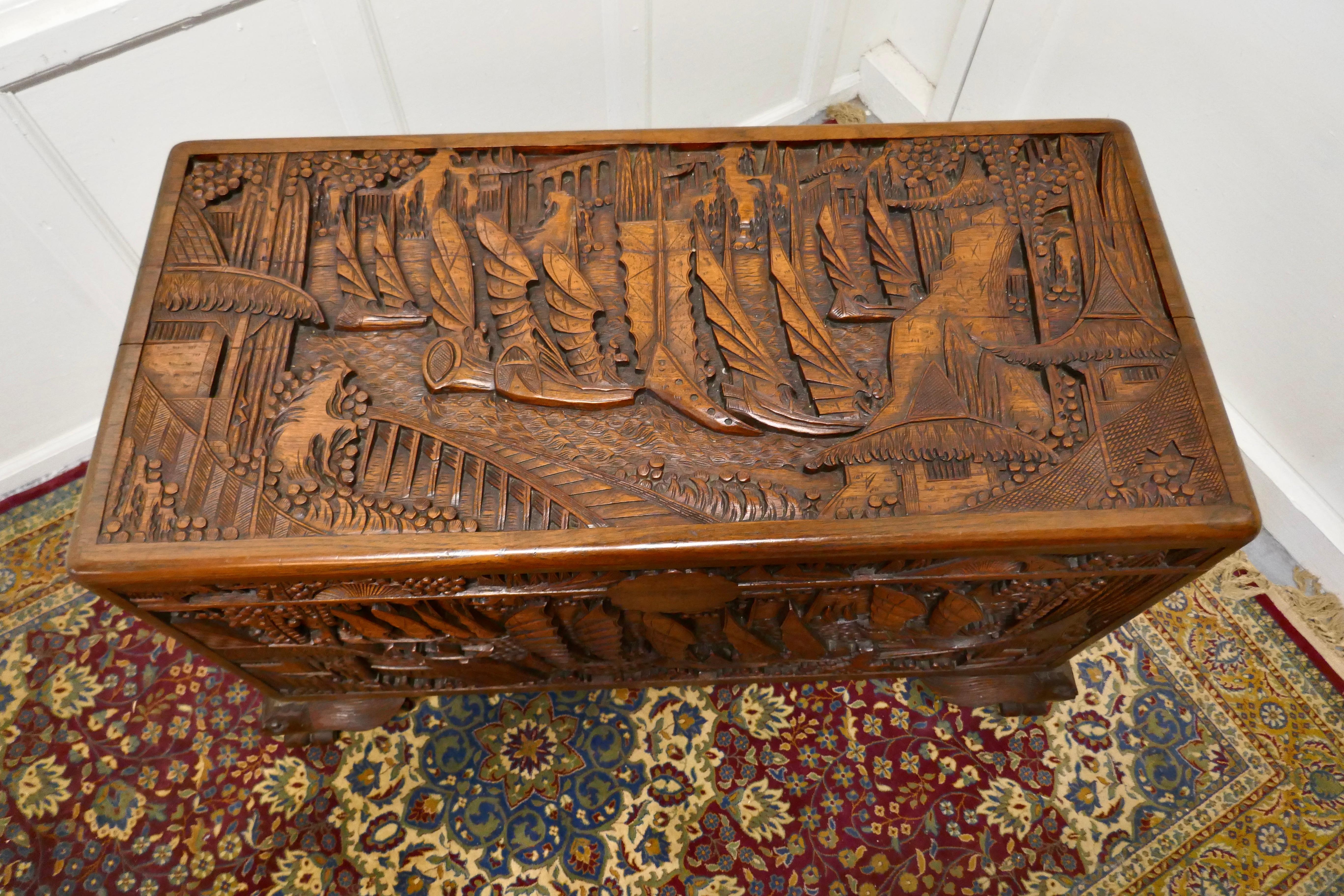 Oriental Carved Camphor Wood Chest In Good Condition In Chillerton, Isle of Wight