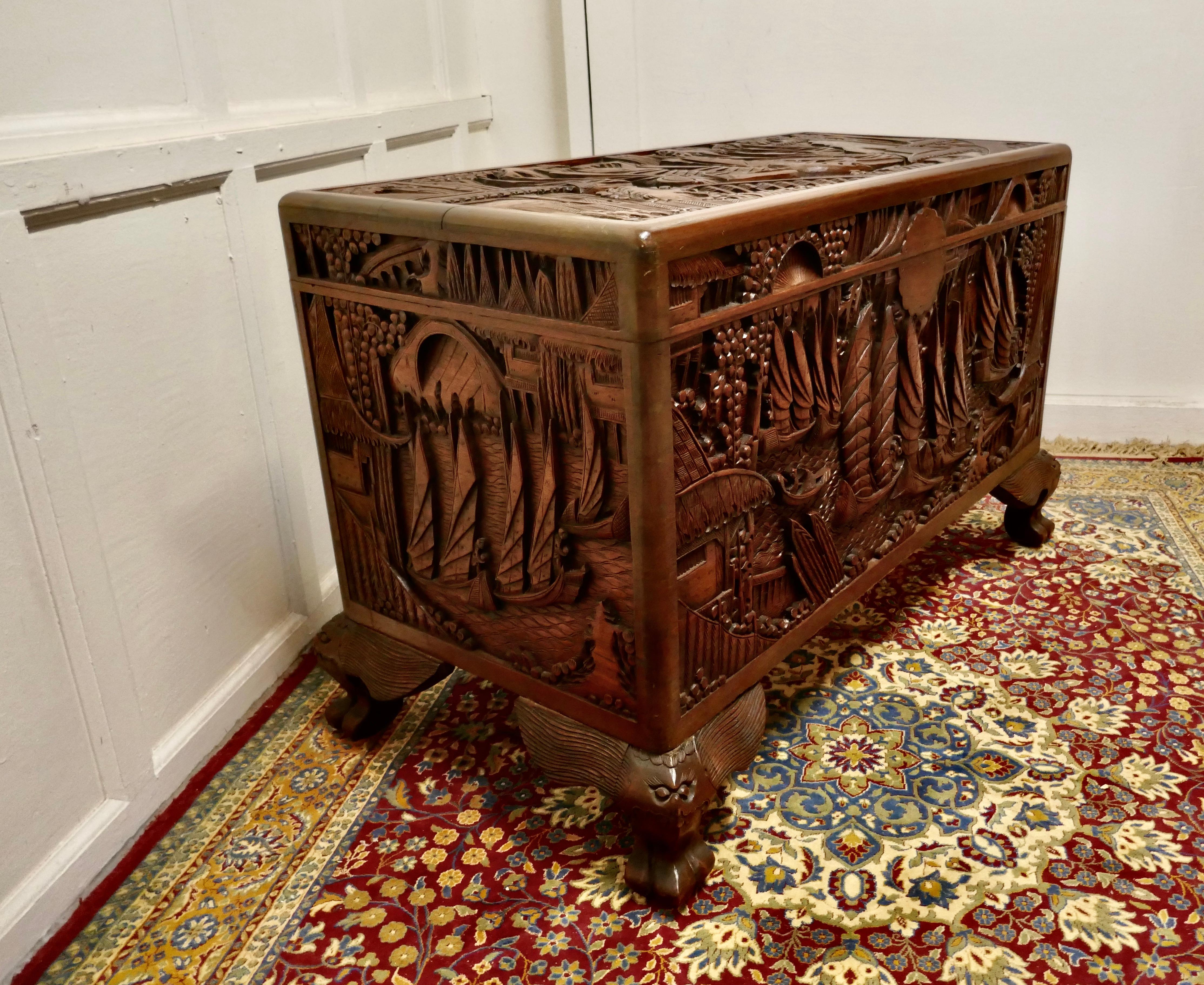 20th Century Oriental Carved Camphor Wood Chest