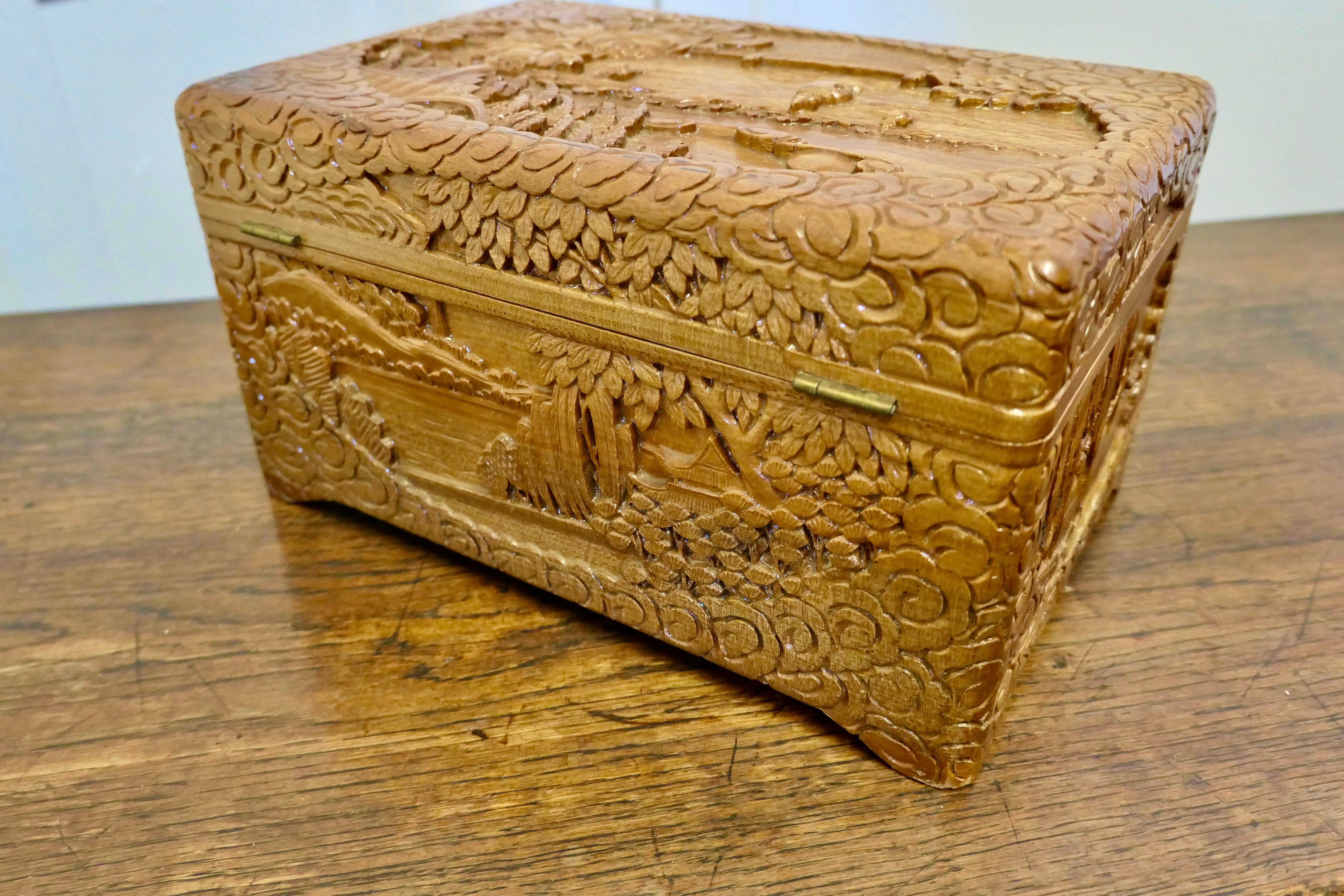 Chinese Export Oriental Carved Camphor Wood Chest, Jewellery Casket For Sale