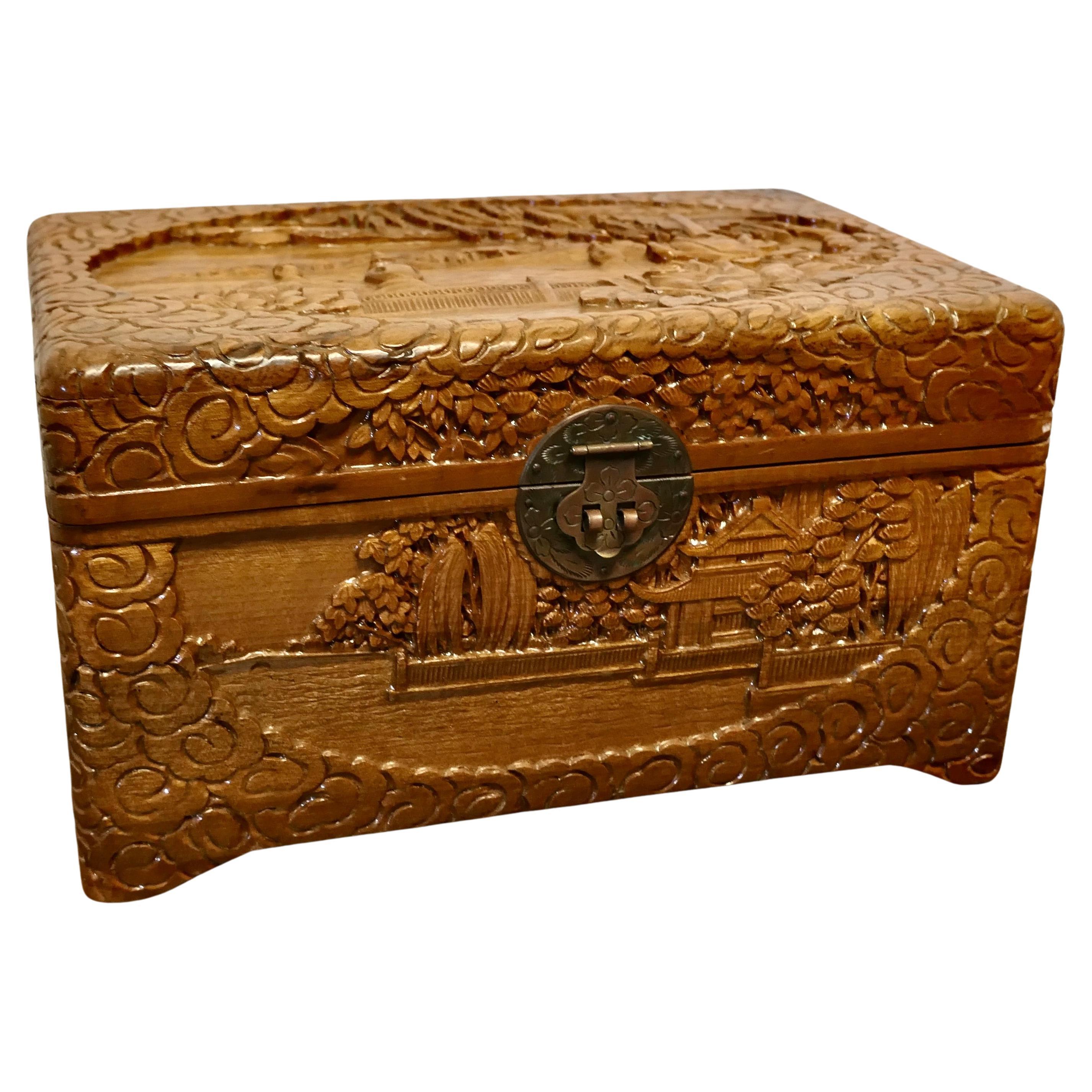 Oriental Carved Camphor Wood Chest, Jewellery Casket For Sale
