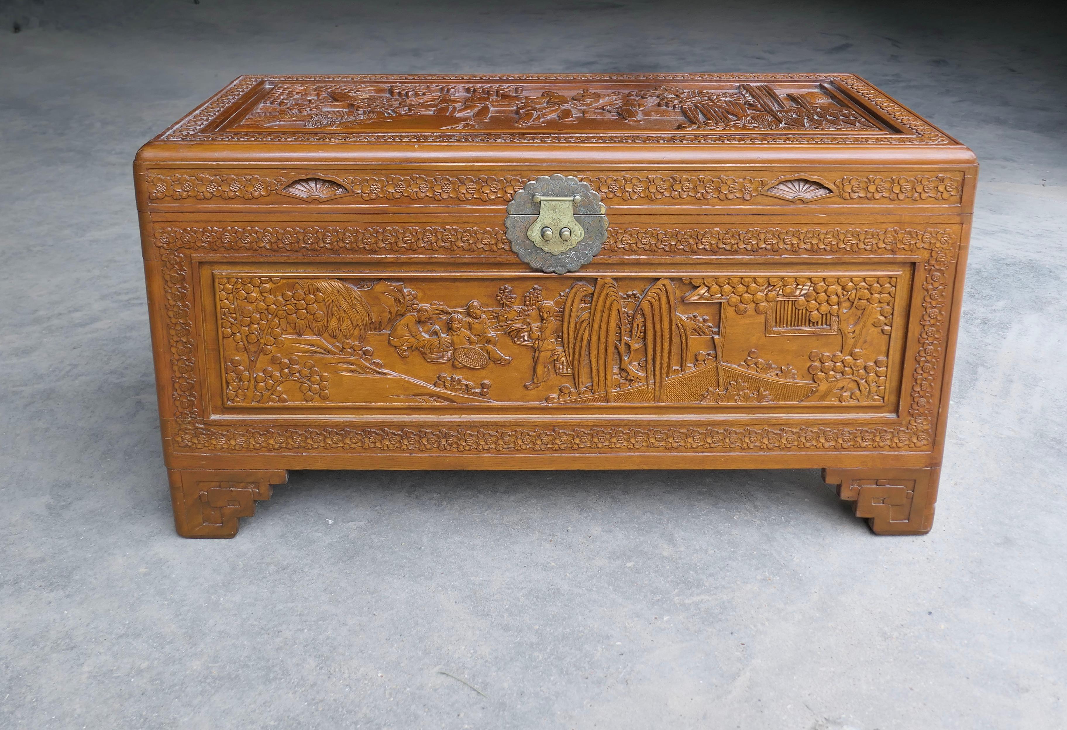 Oriental Carved Camphor Wood Chest

This Beautiful Carved Chest is made from Camphor Wood, for those of you who do not know camphor wood it is a hard wood which lends itself very well to carving.
However the main reason for using camphor wood is its