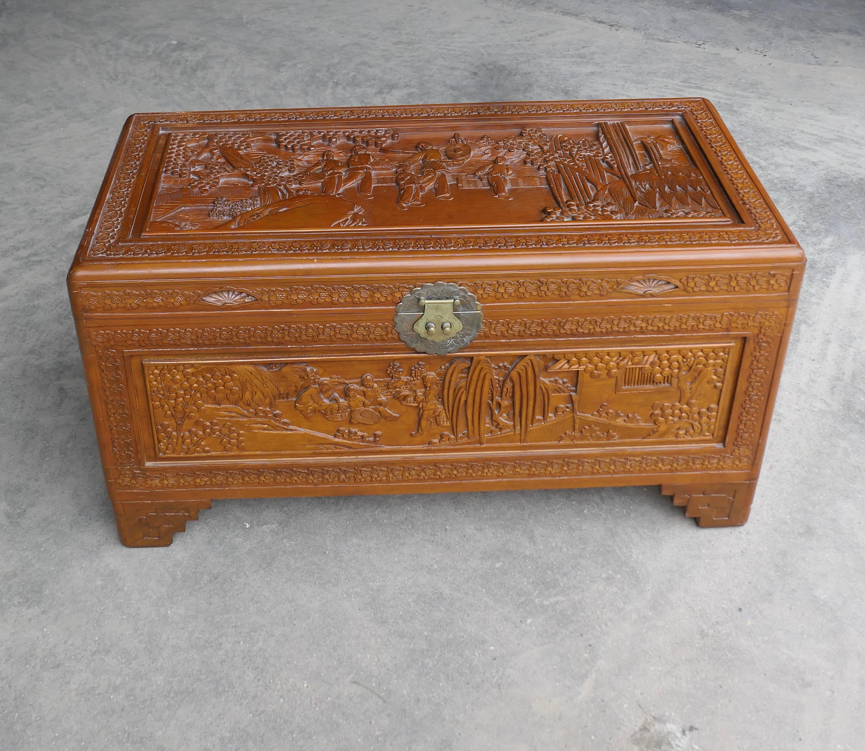 Chinoiserie Oriental Carved Camphor Wood Chest  This Beautiful Carved Chest For Sale