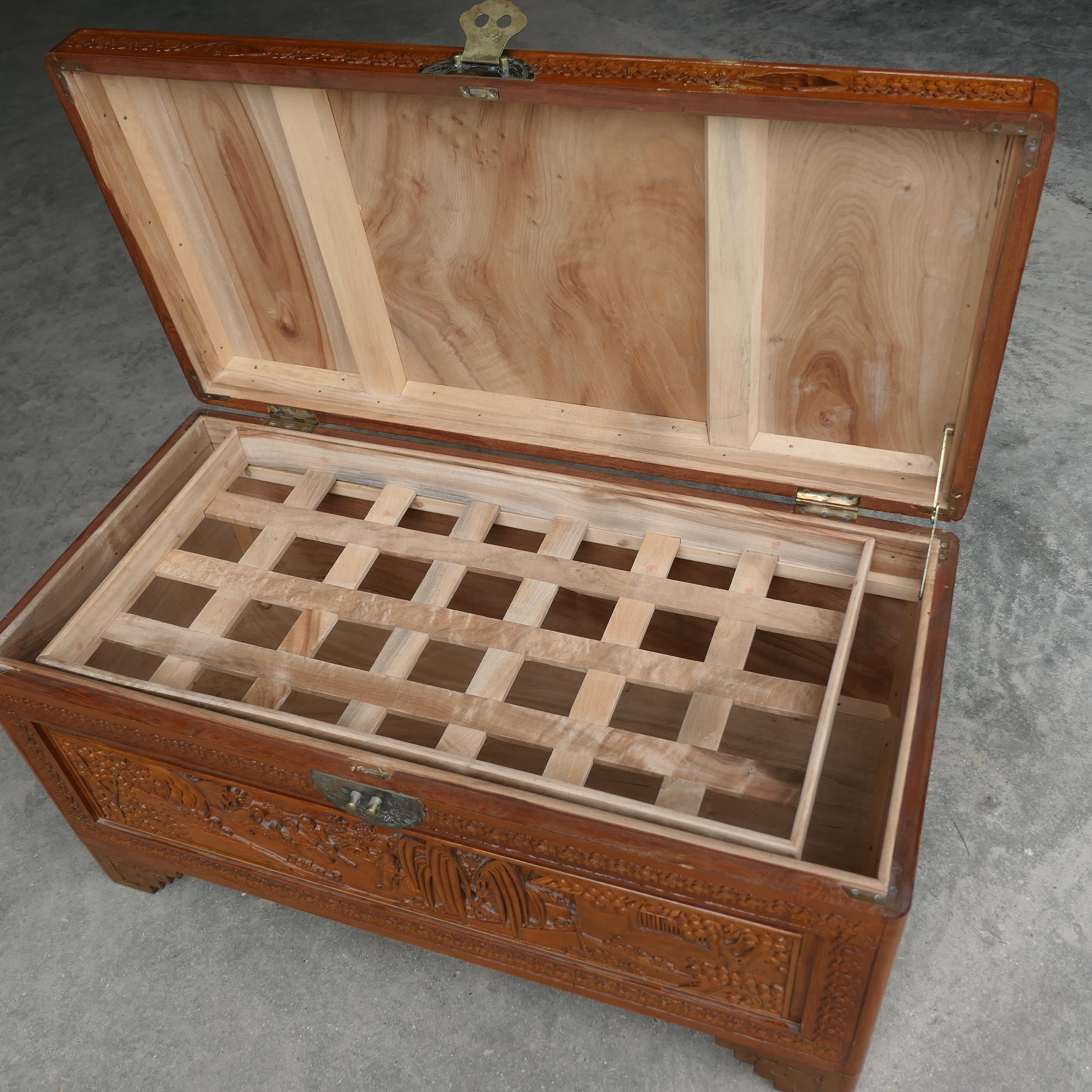 Oriental Carved Camphor Wood Chest  This Beautiful Carved Chest In Good Condition For Sale In Godshill, Isle of Wight