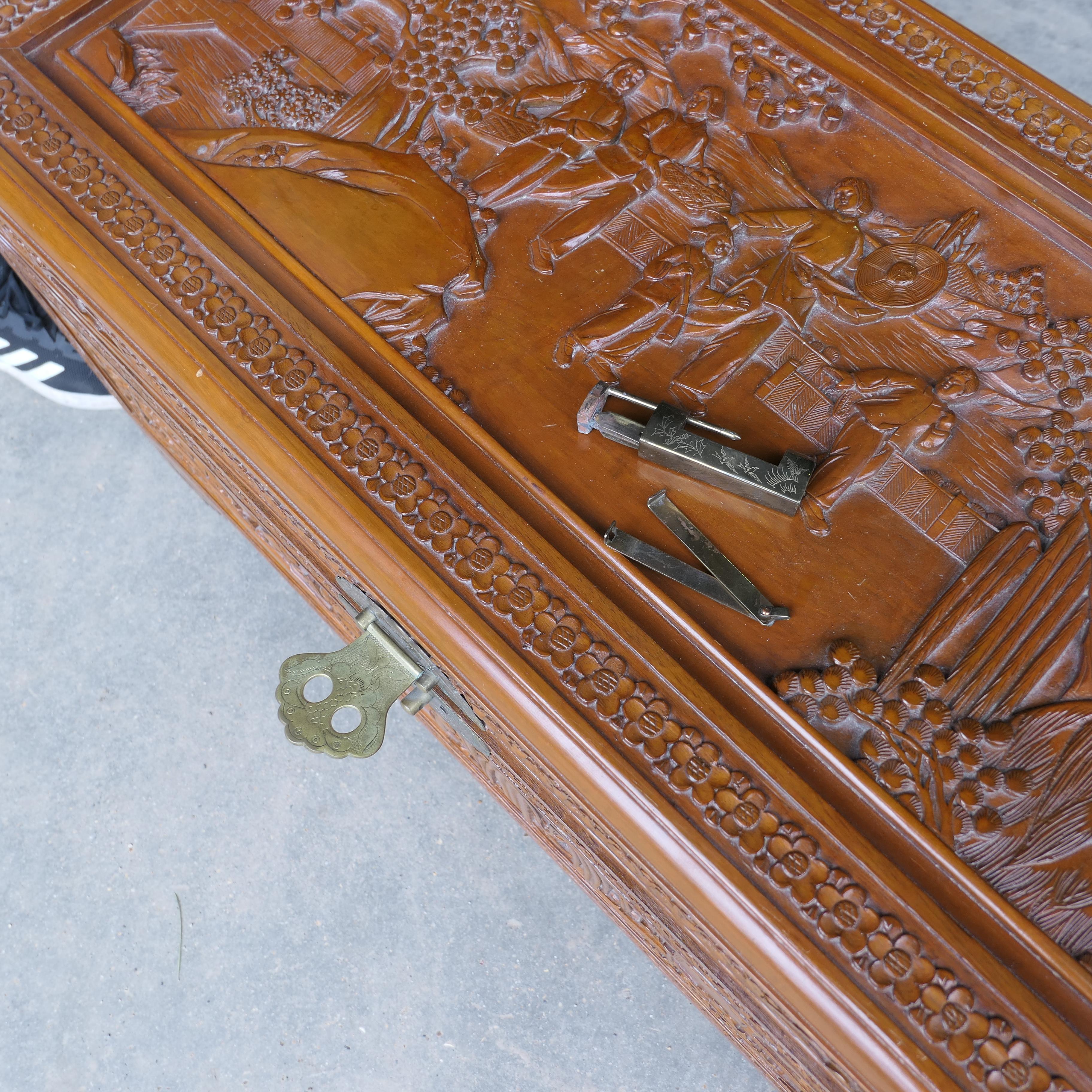 Fruitwood Oriental Carved Camphor Wood Chest  This Beautiful Carved Chest For Sale
