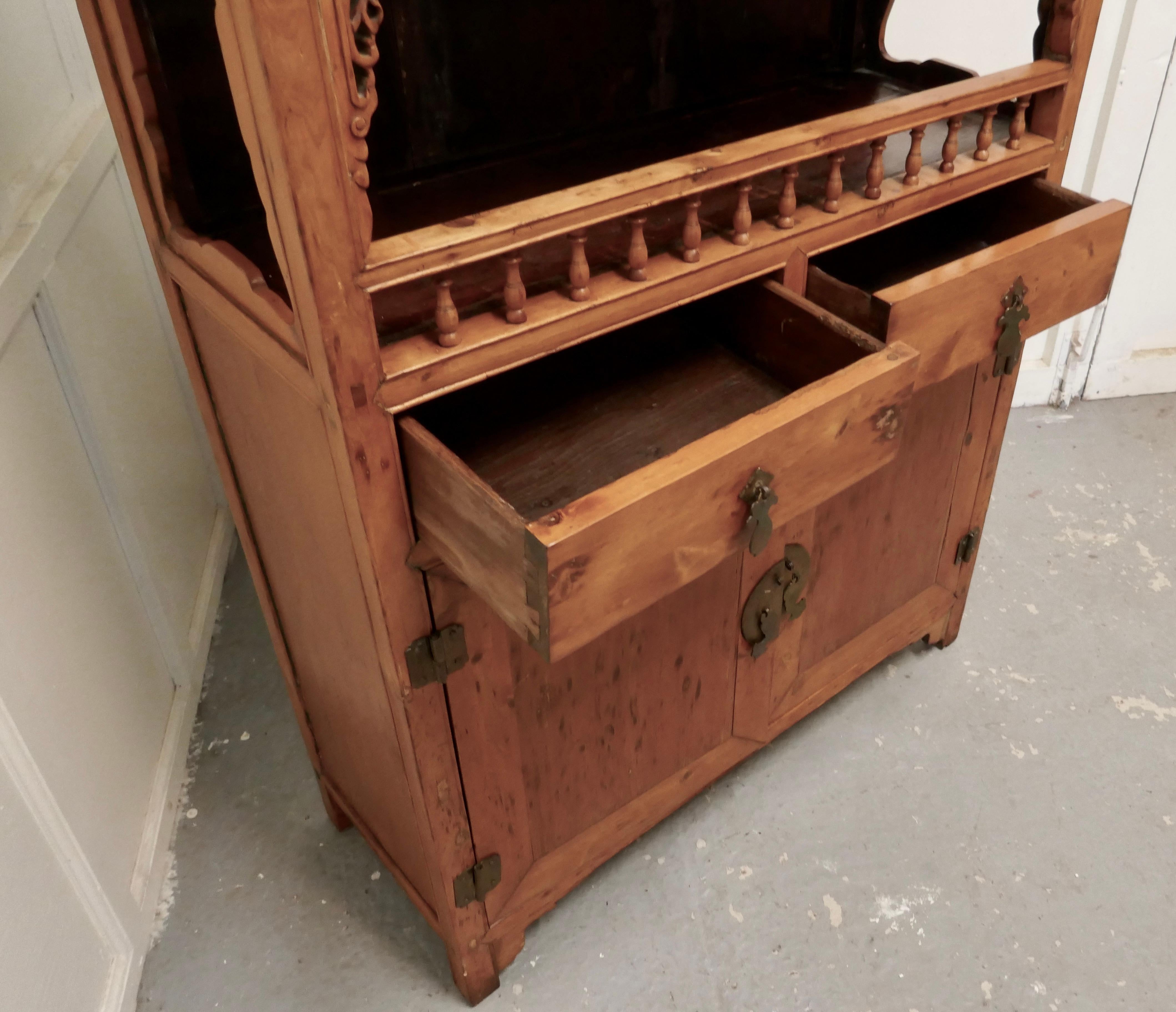 Pine Oriental Carved Open Dresser or Hall Cupboard For Sale