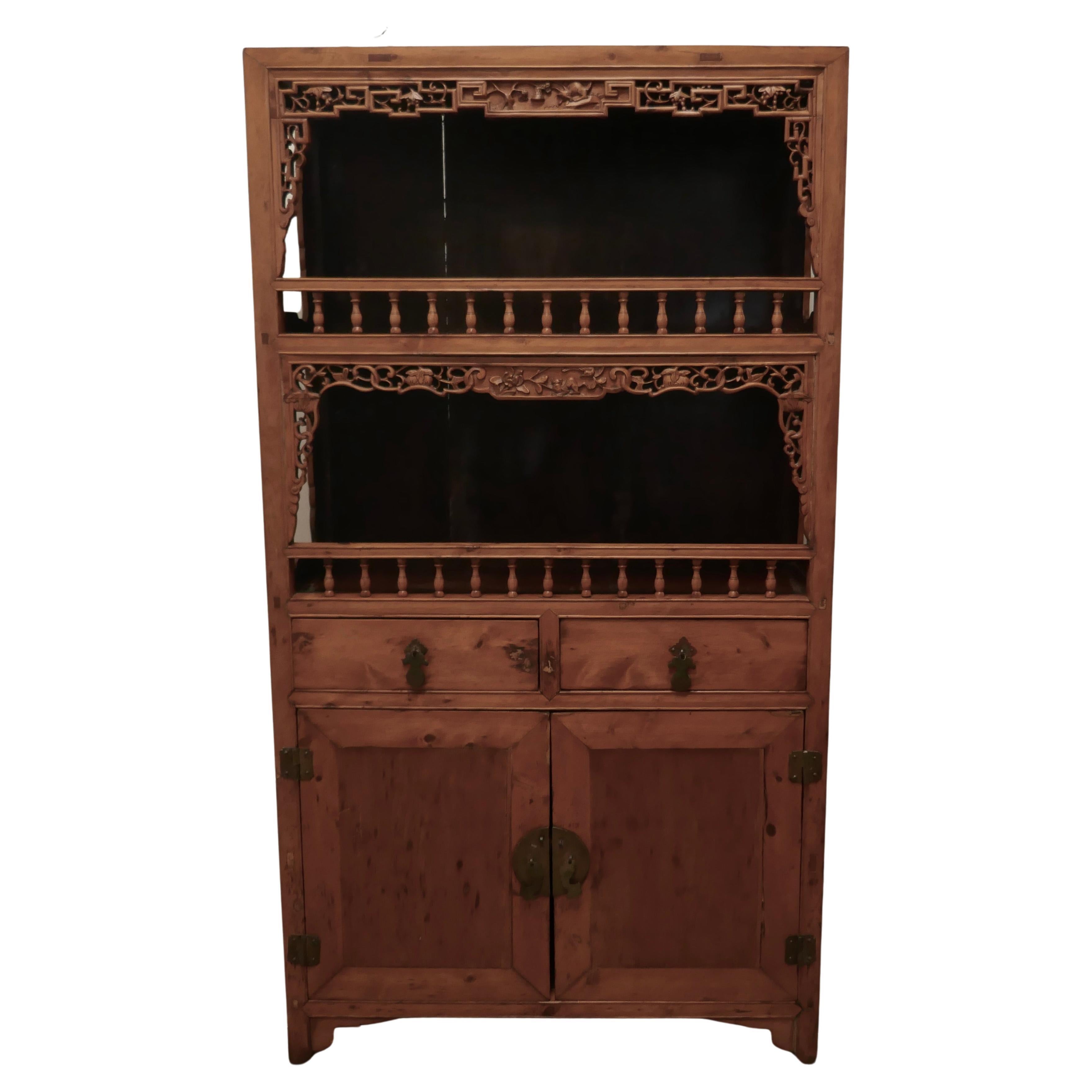 Oriental Carved Open Dresser or Hall Cupboard For Sale