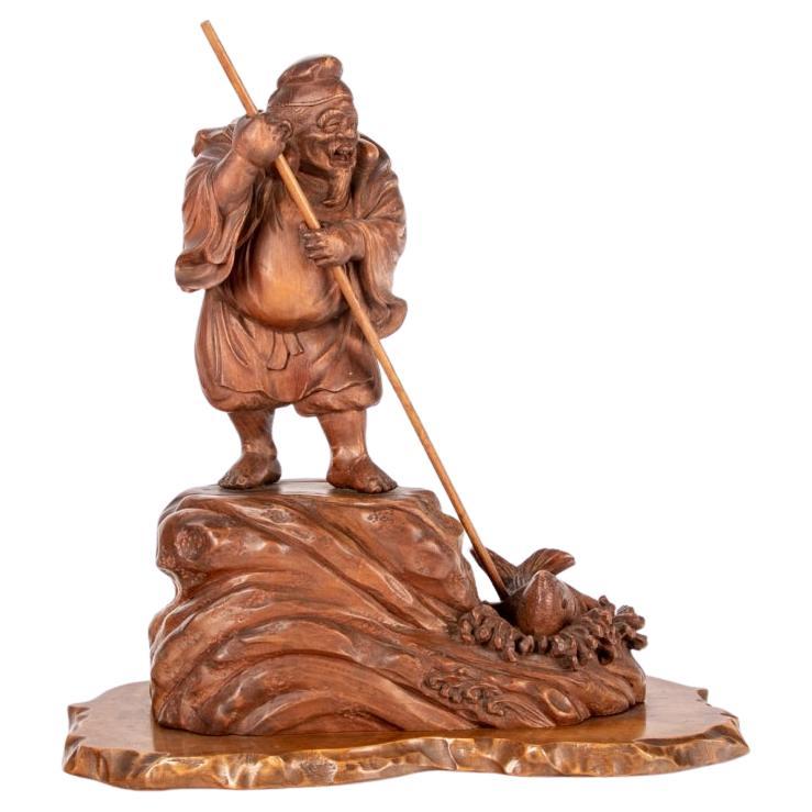 Oriental Carved Wood Group Of Fisherman And A Carp For Sale
