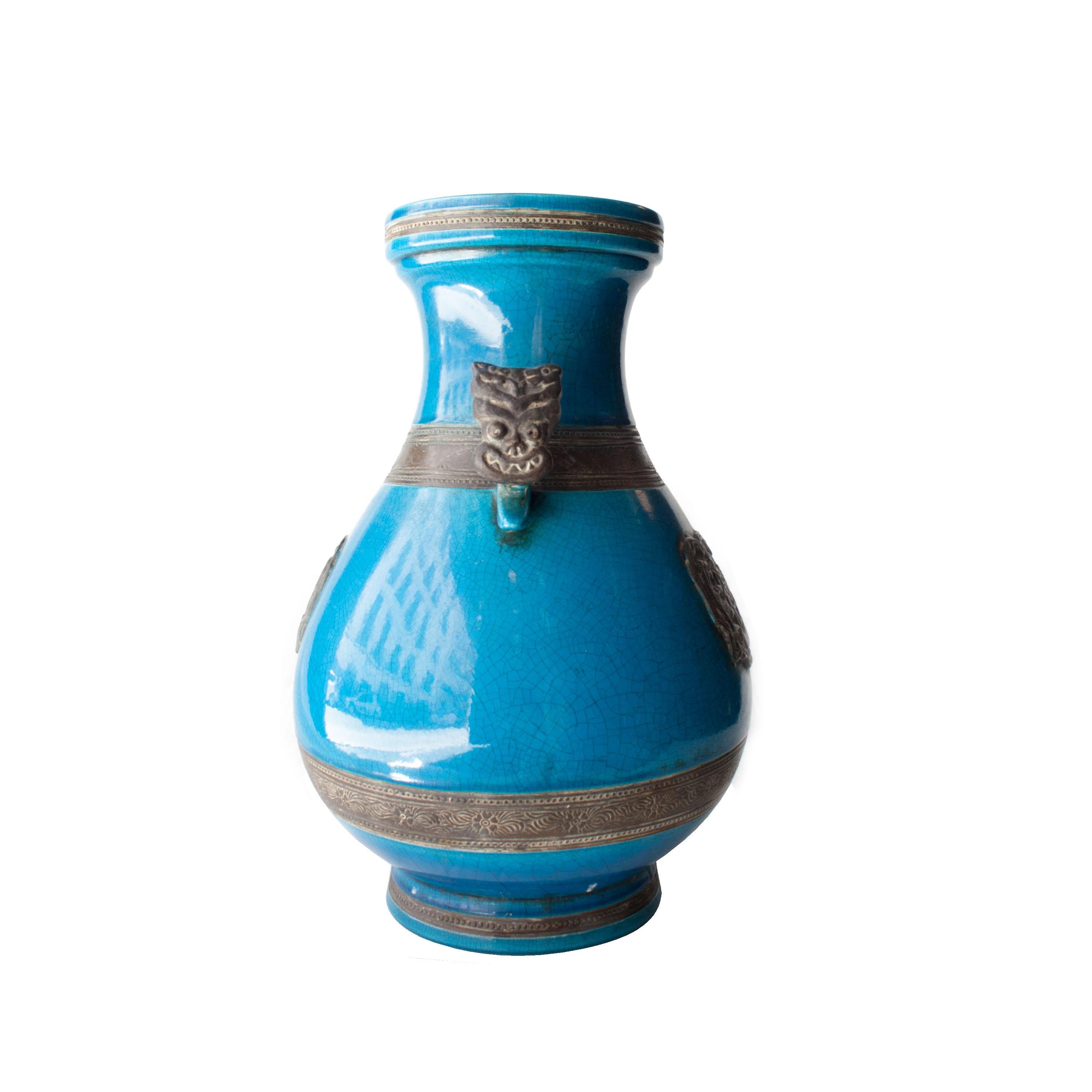 Mid-Century Modern Oriental Ceramic Turquoise Vase, Asia, 1940