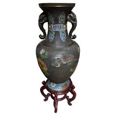 Antique Oriental Champleve cloisonne Dragons brass Bronze vase Elephant head handles