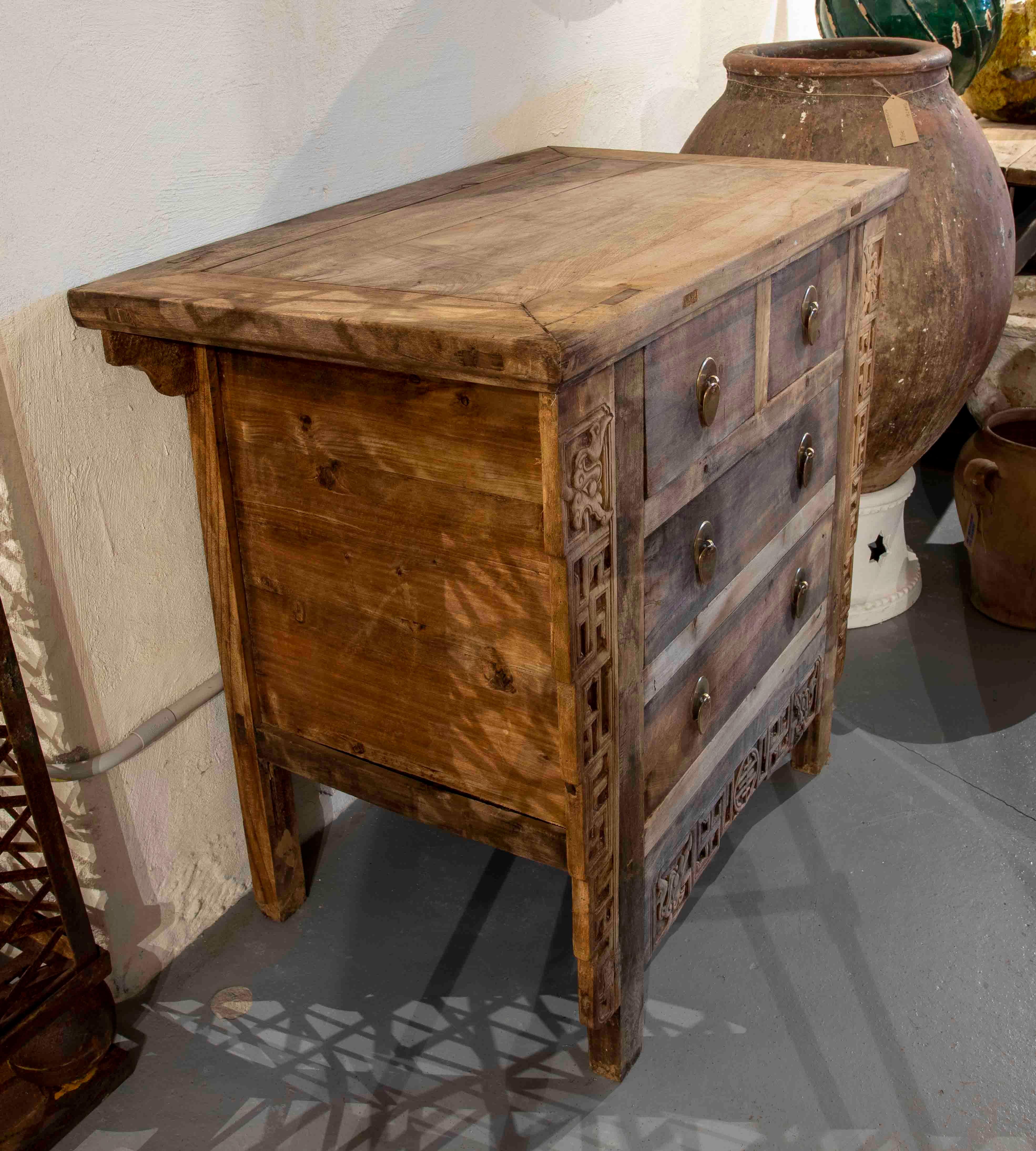 Oriental Chest with Elm Drawers in the Colour of the Wood with Bronze Pulls.
