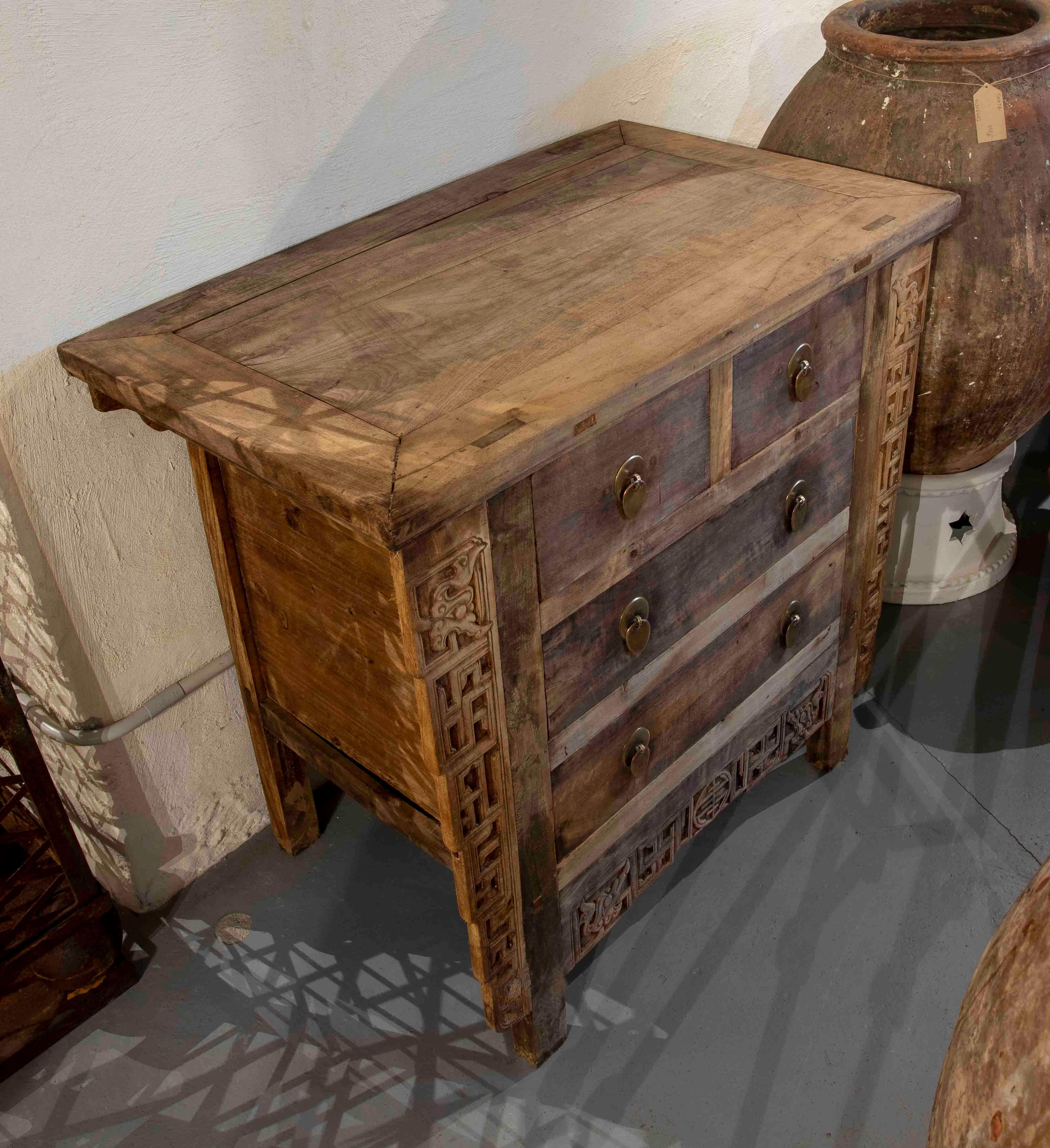 Chinese Oriental Chest with Elm Drawers in the Colour of the Wood with Bronze Pulls For Sale