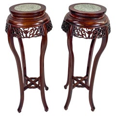 Oriental Chinese Carved Rosewood Pedestal, Plant Stand with Granite Top, a Pair